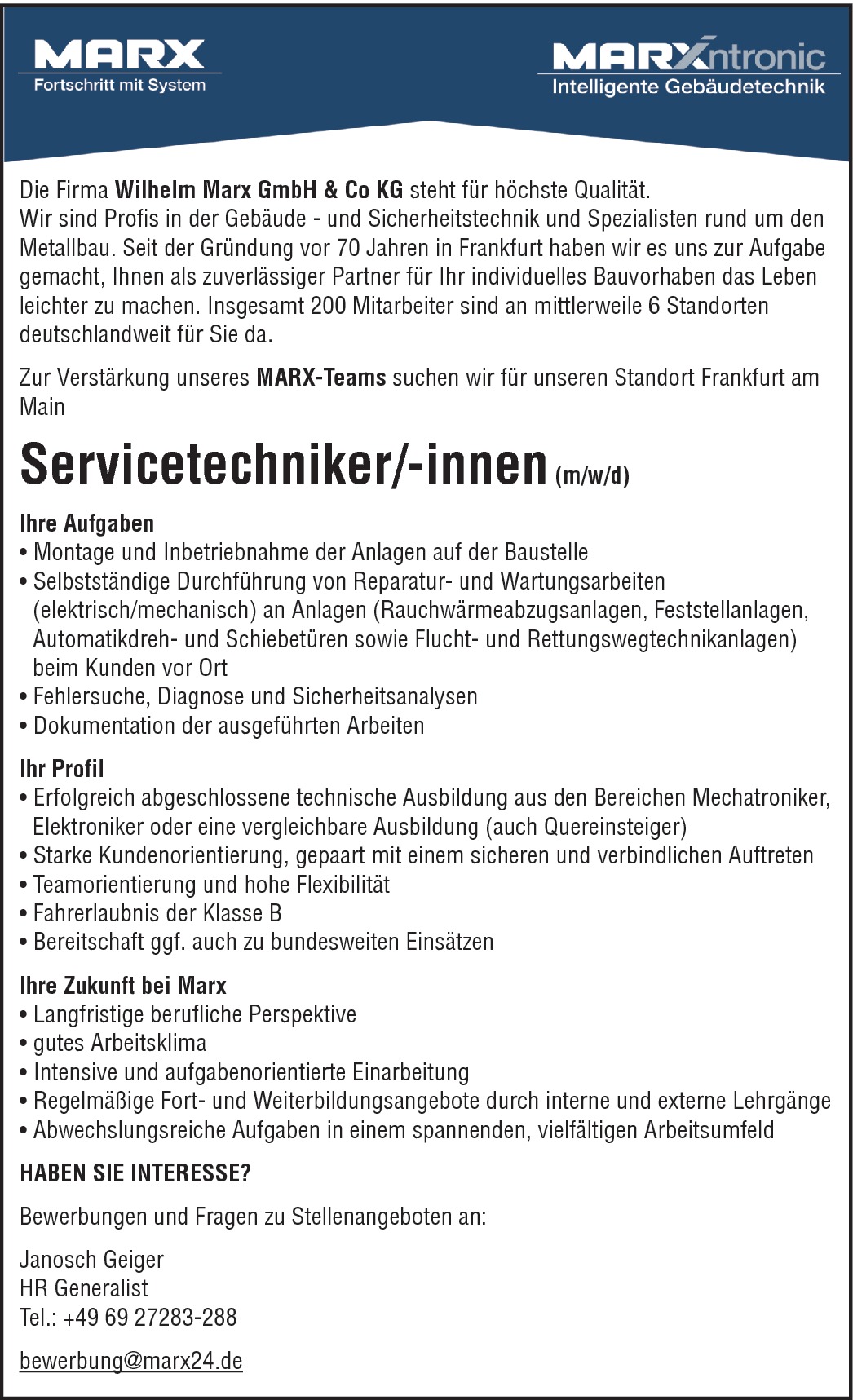 Servicetechniker/-innen (m/w/d)