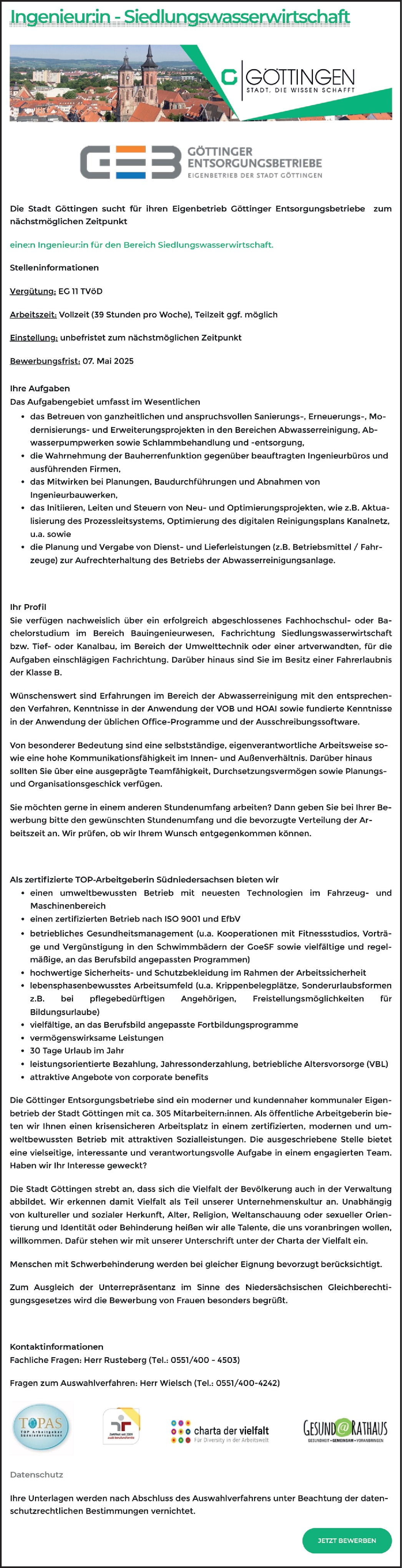 Ingenieur m/w/d Siedlungswasserwirtschaft