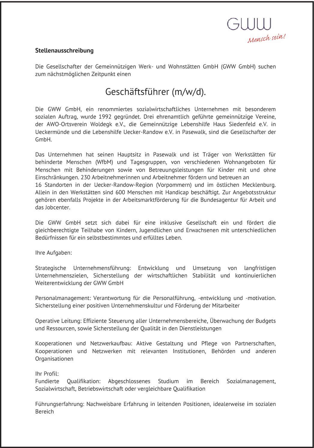 Geschäftsführer (m/w/d) Werk- und Wohnstätten