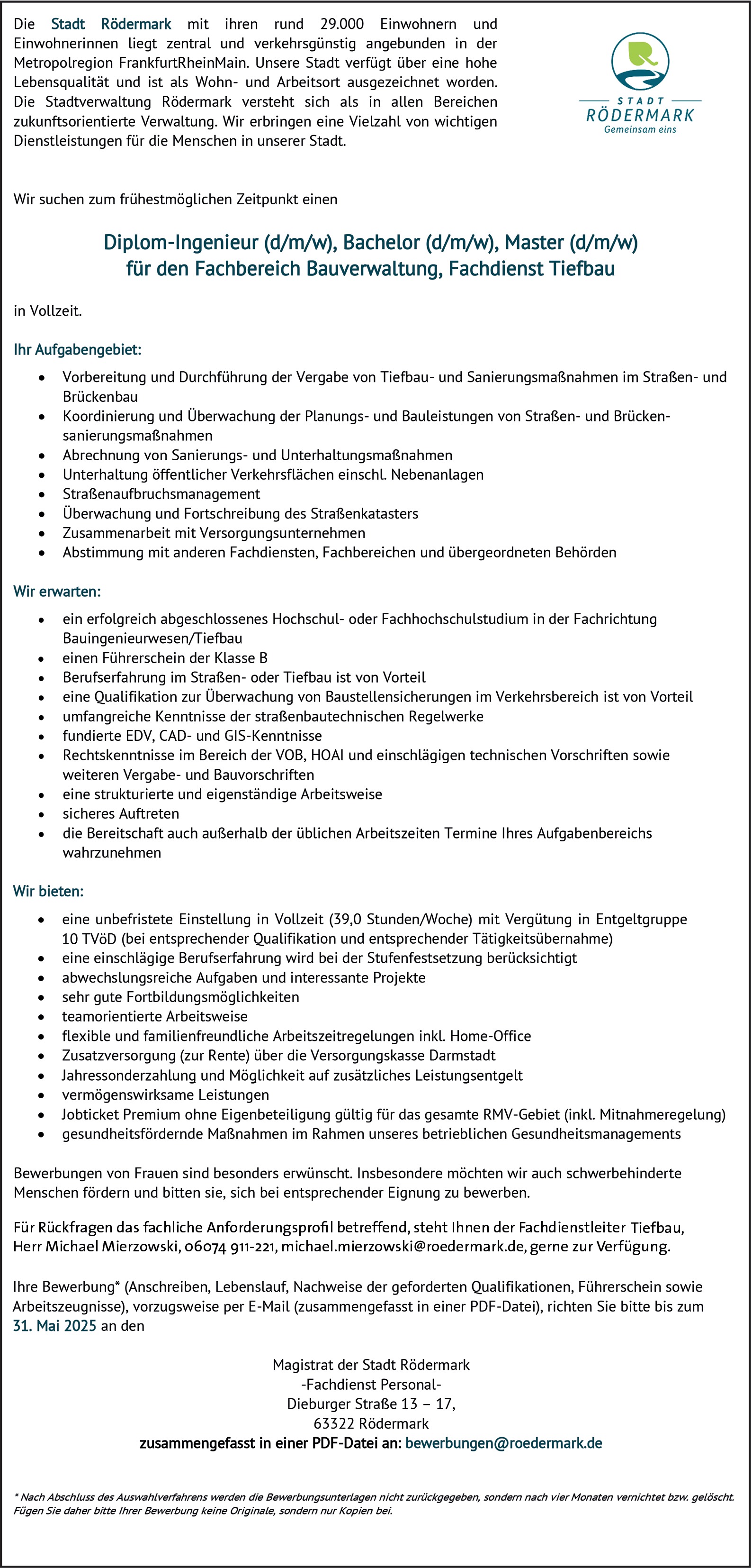 Diplom-Ingenieur, Bachelor d/m/w Fachbereich Bauverwaltung, Fachdienst Tiefbau