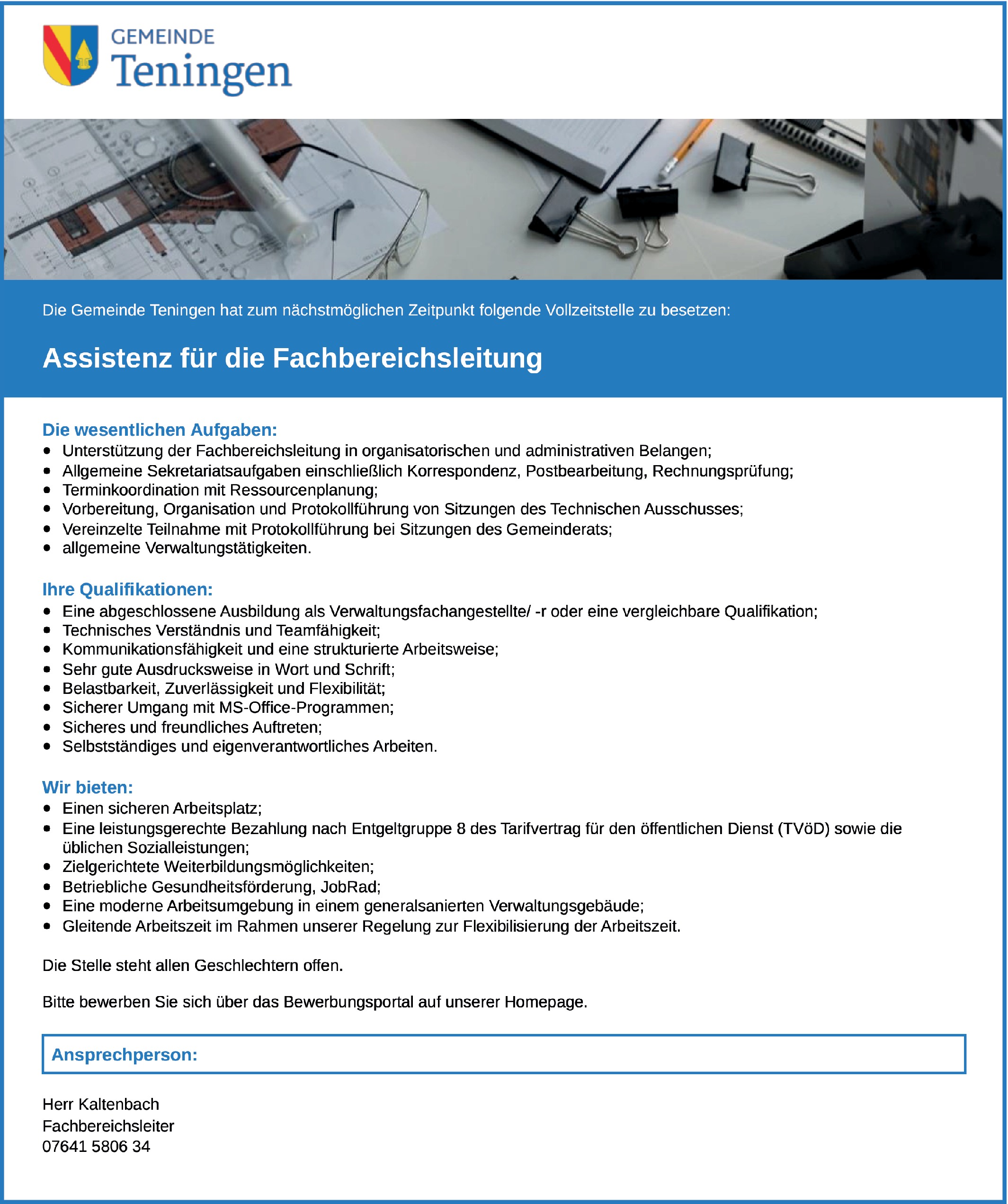 Verwaltungsfachangestellte/r Assistenz für die Fachbereichsleitung m/w/d