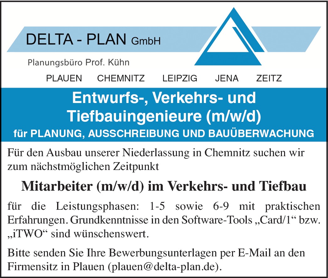 Entwurfs,- Verkehrs und Tiefbauingenieure m/w/d für Planung, Ausschreibung und Bauüberwachung