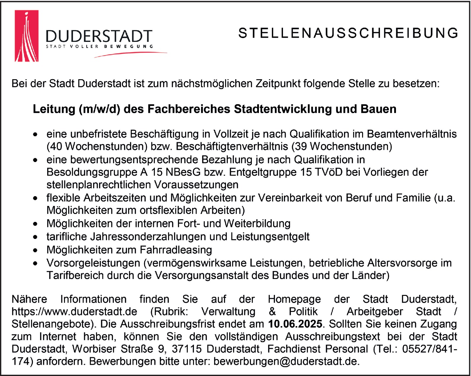 Fachbereichsleiter m/w/d Stadtentwicklung und Bauen