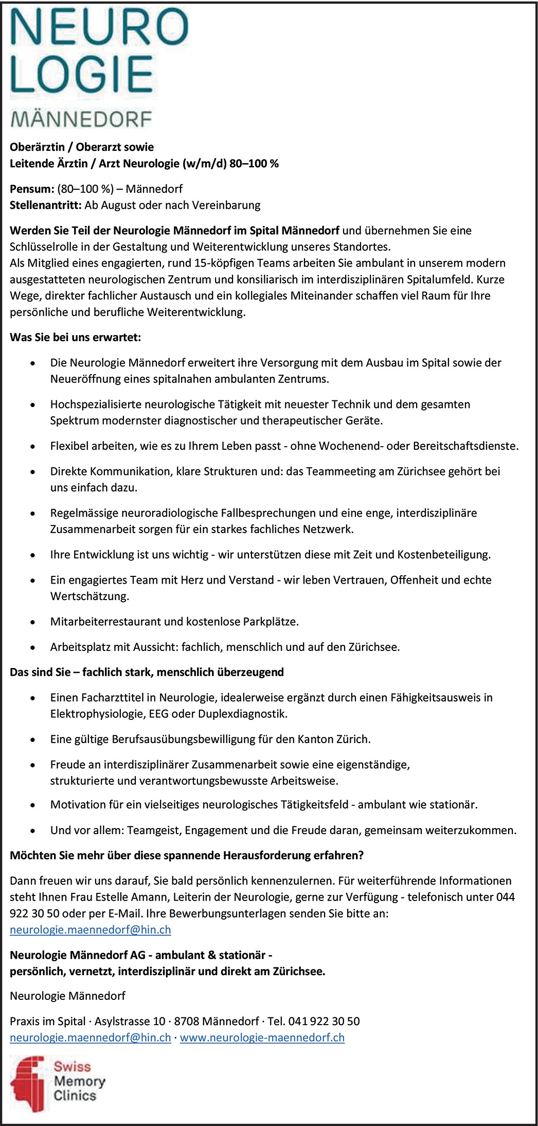 Oberärztin / Oberarzt sowie Leitende Ärztin / Arzt Neurologie (w/m/d) 80–100 %