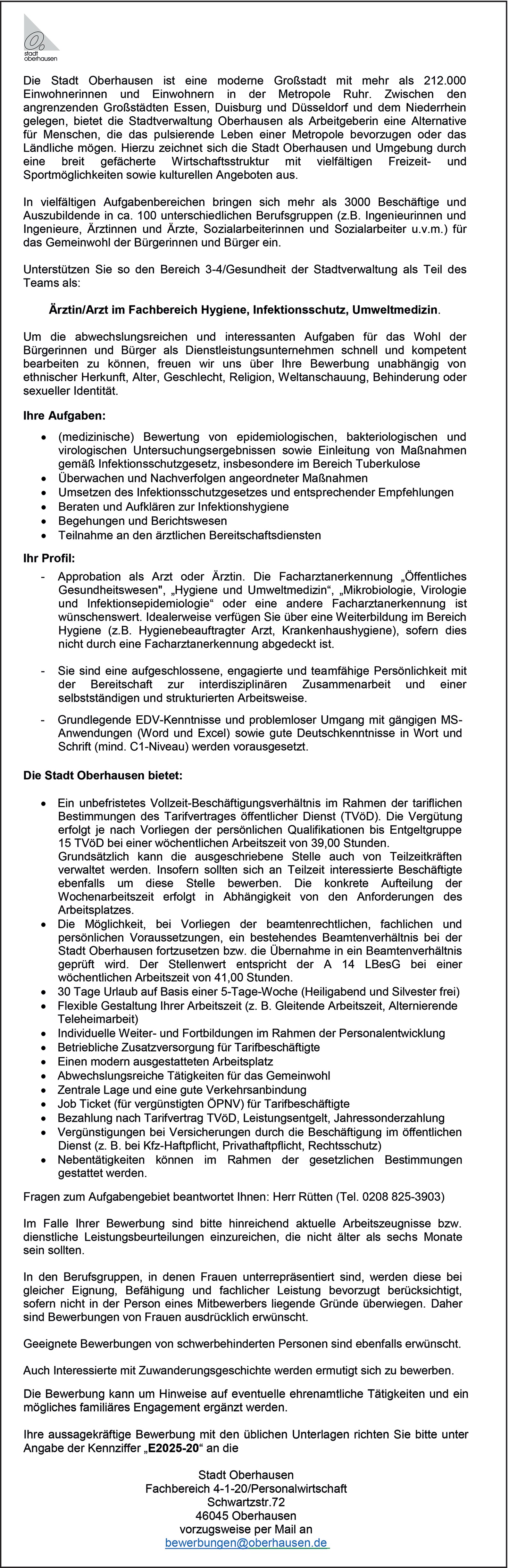 Arzt im Fachbereich Hygiene, Infektionsschutz, Umweltmedizin m/w/d