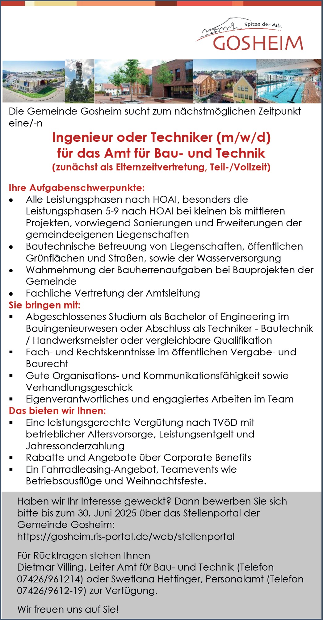 Ingenieur oder Techniker für das Amt für Bau- und Technik m/w/d