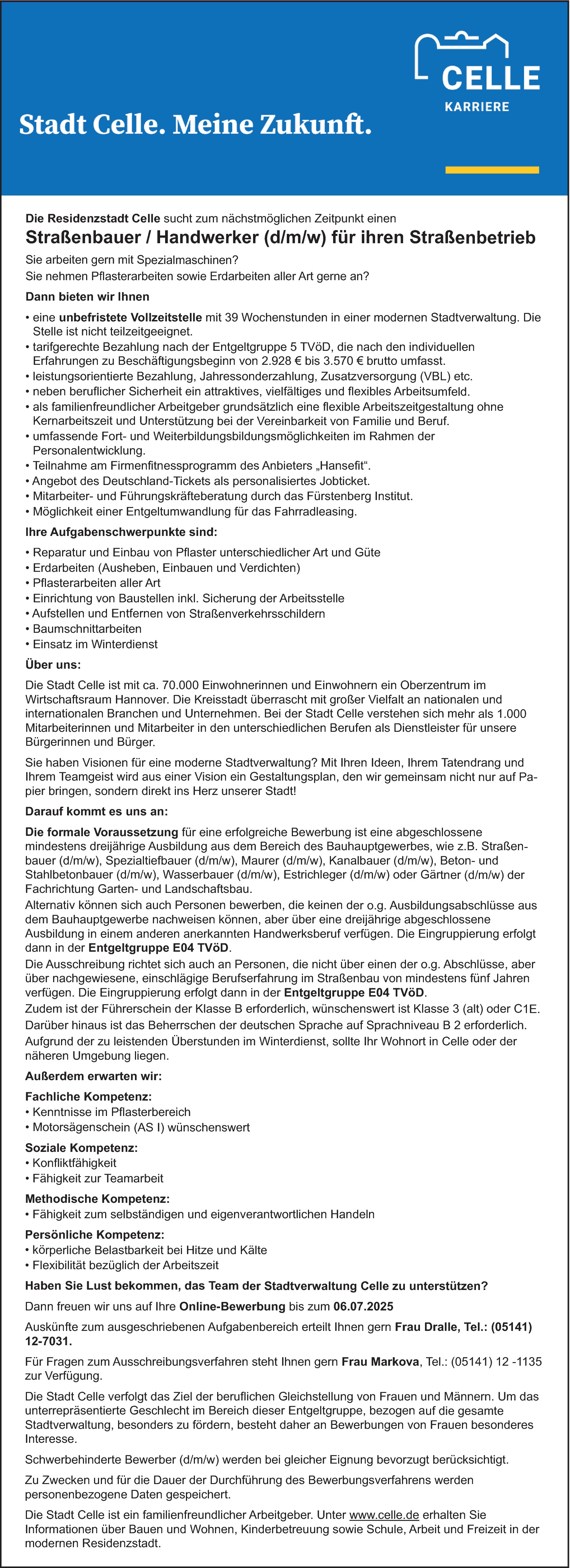 Straßenbauer / Handwerker (d/m/w) für ihren Straßenbetrieb
