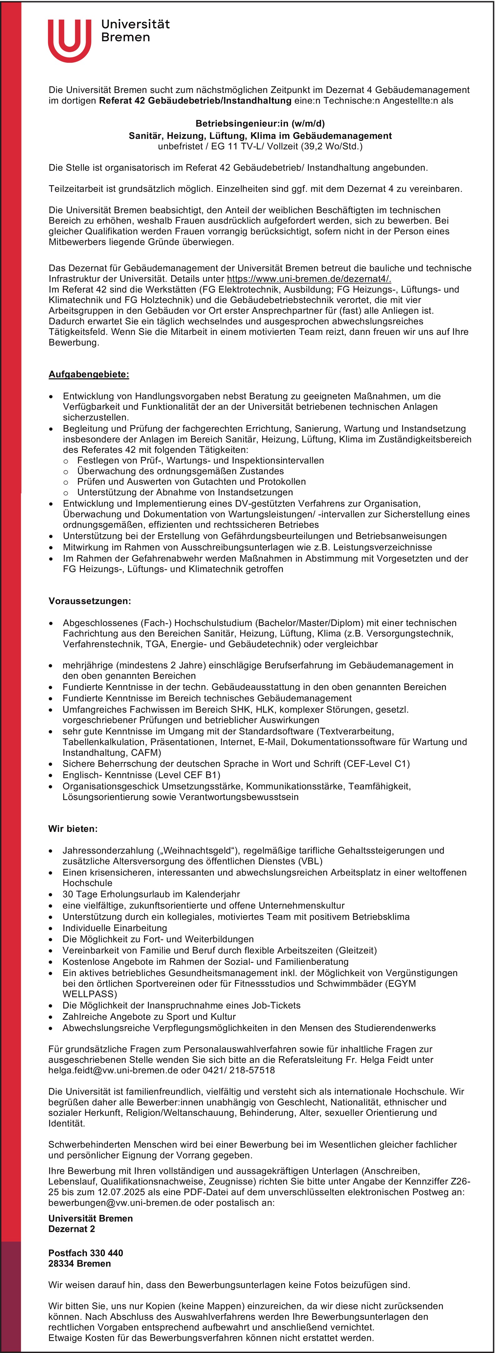 Ingenieur Versorgungstechnik m/w/d