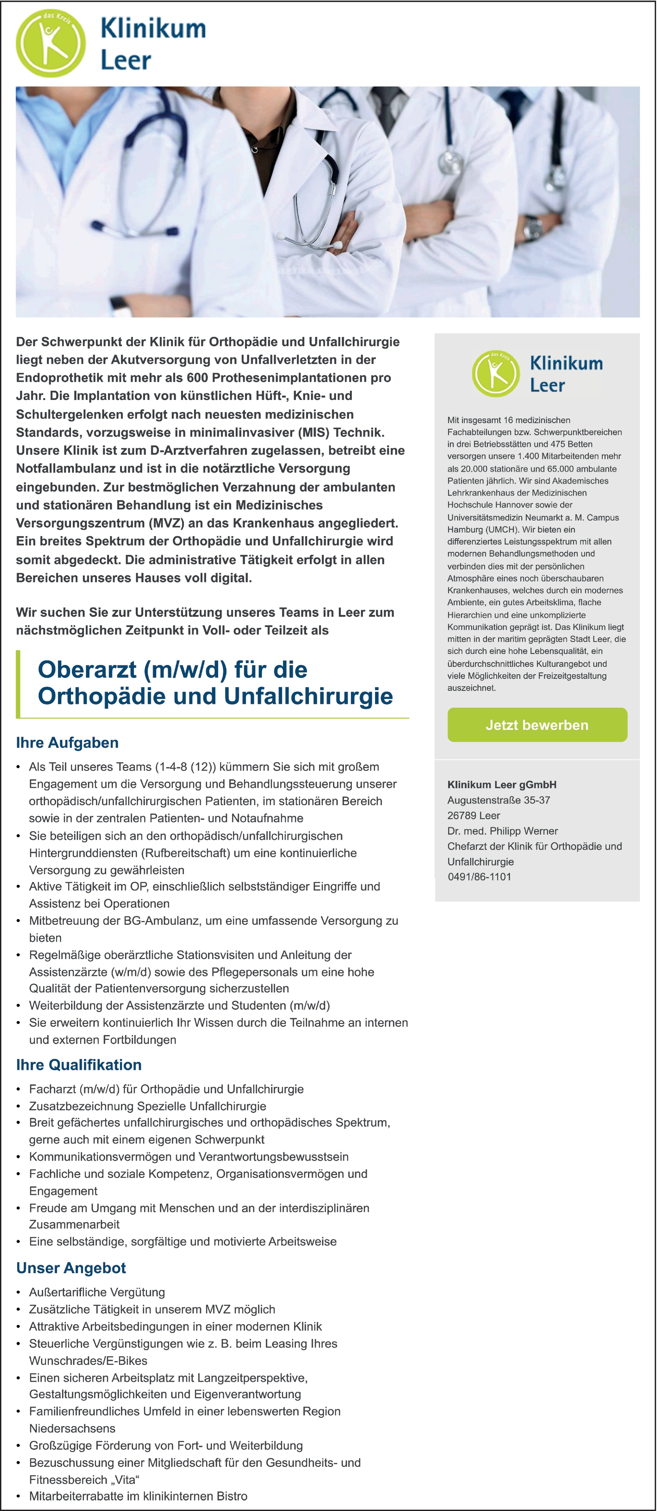  Oberarzt m/w/d für die Orthopädie und Unfallchirurgie