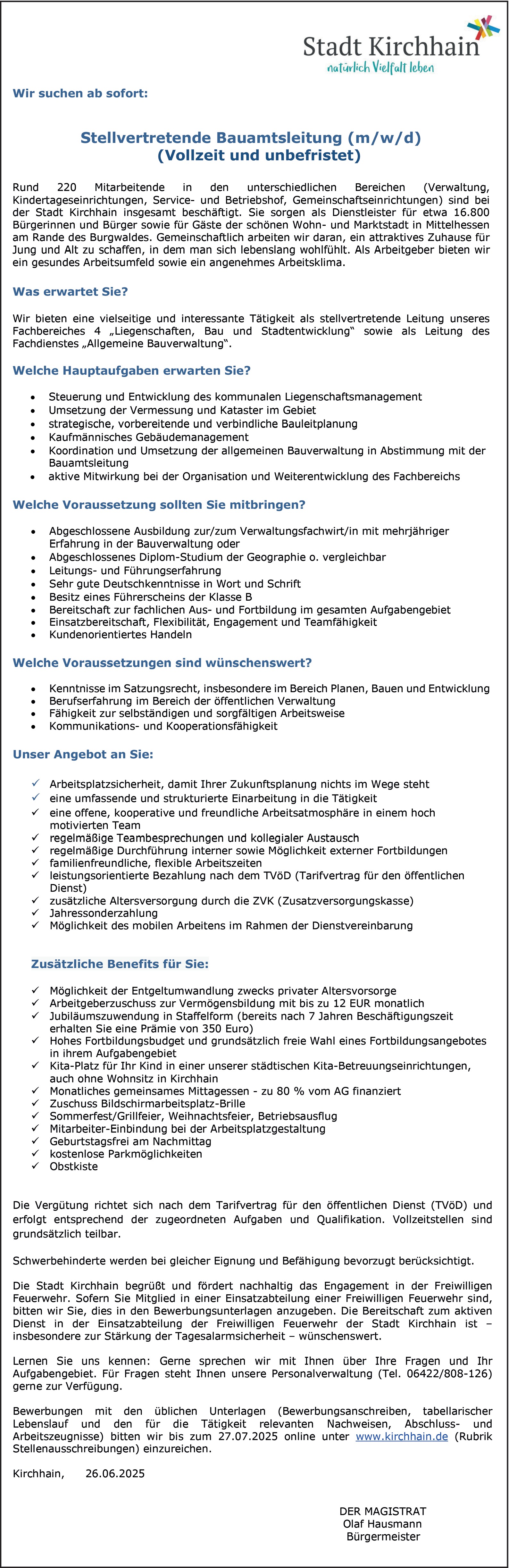 Verwaltungsfachwirt als stellvertretende Bauamtsleitung (m/w/d)