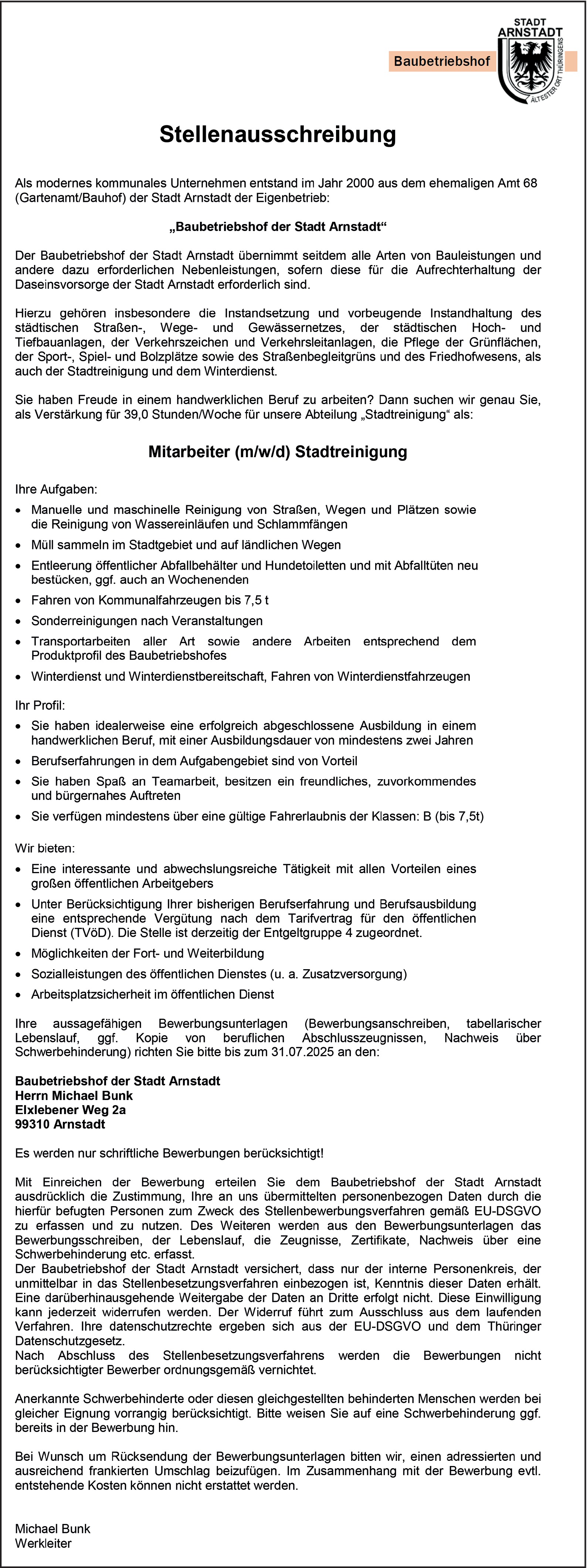 Mitarbeiter Stadtreinigung m/w/d