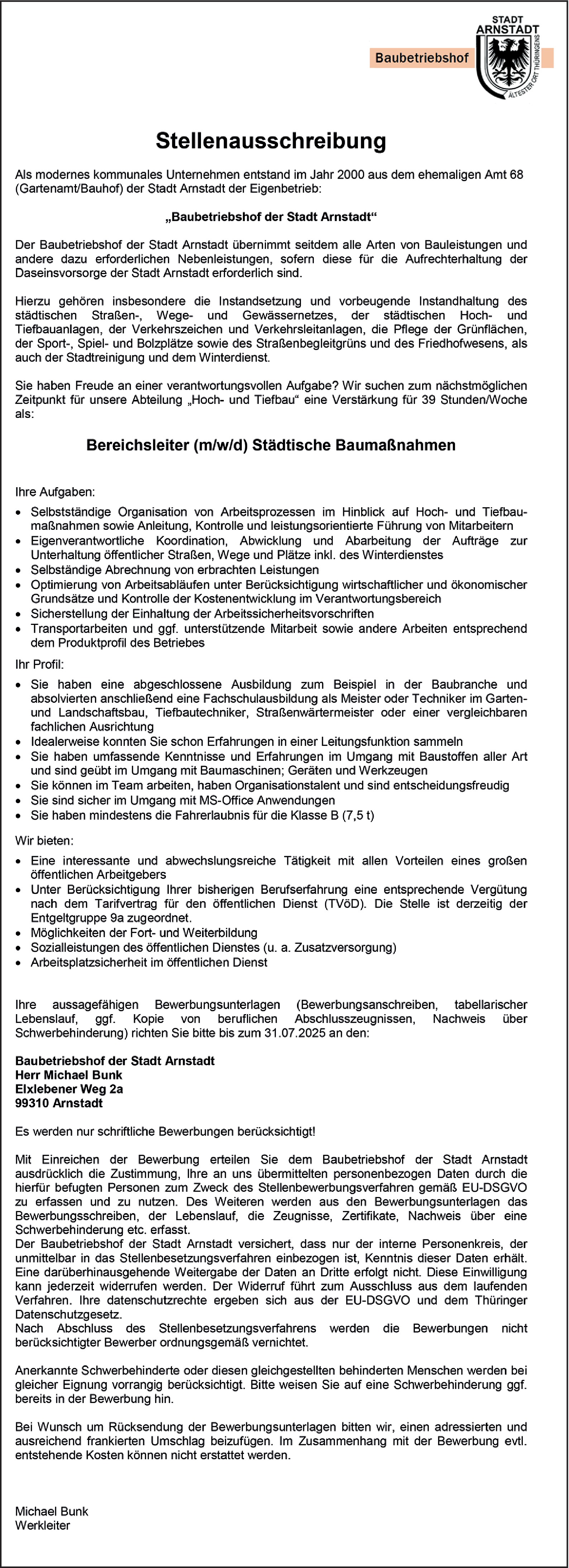 Bereichsleiter (m/w/d) Städtische Baumaßnahmen
