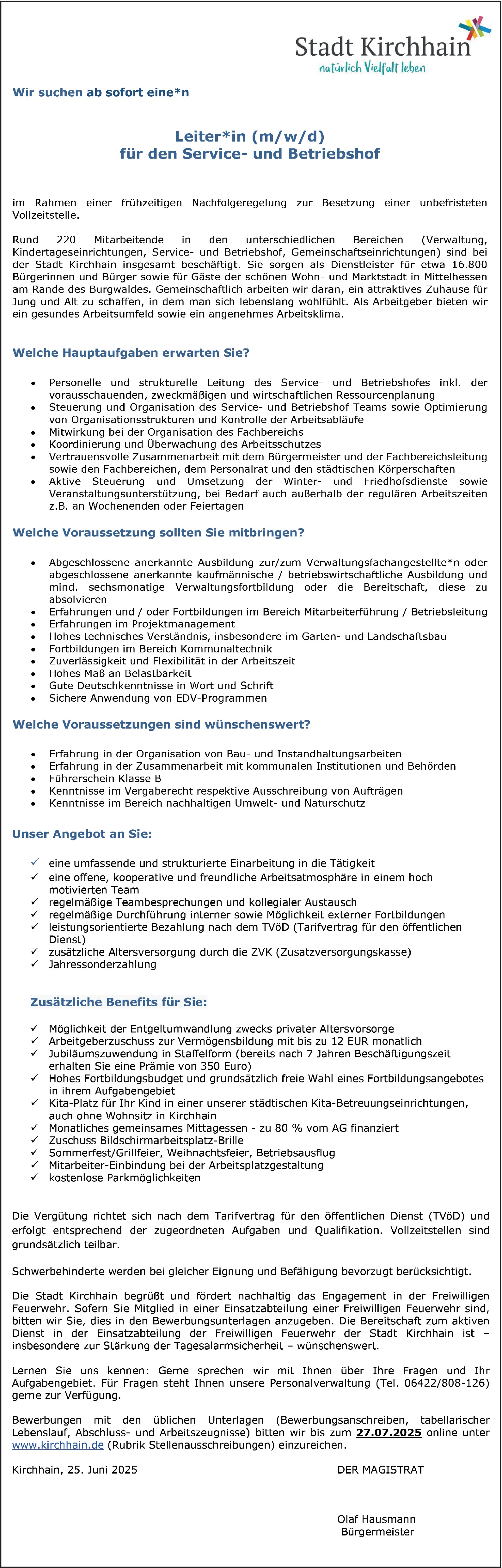 Verwaltungsfachangestellte als Betriebshofleitung (m/w/d)