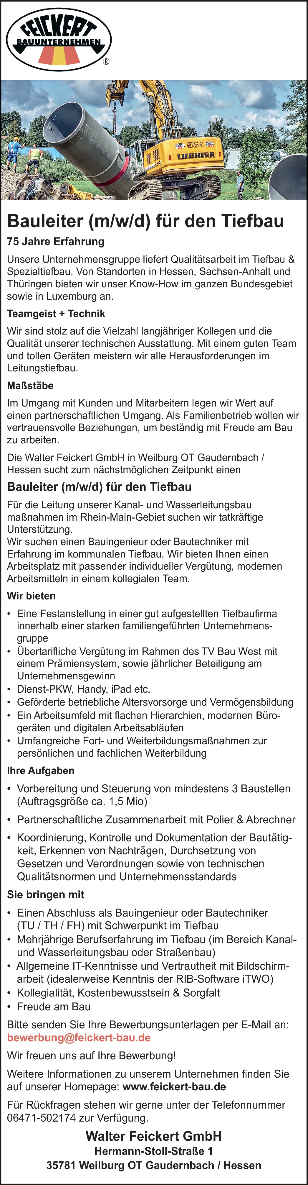 Bauleiter für den Tiefbau m/w/d