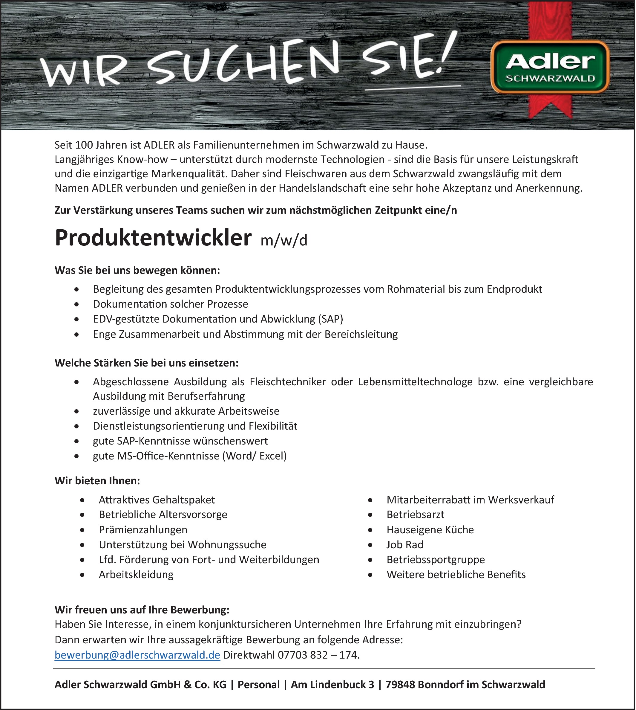Produktentwickler / Fleischtechniker / Lebensmitteltechnologe (m/w/d)