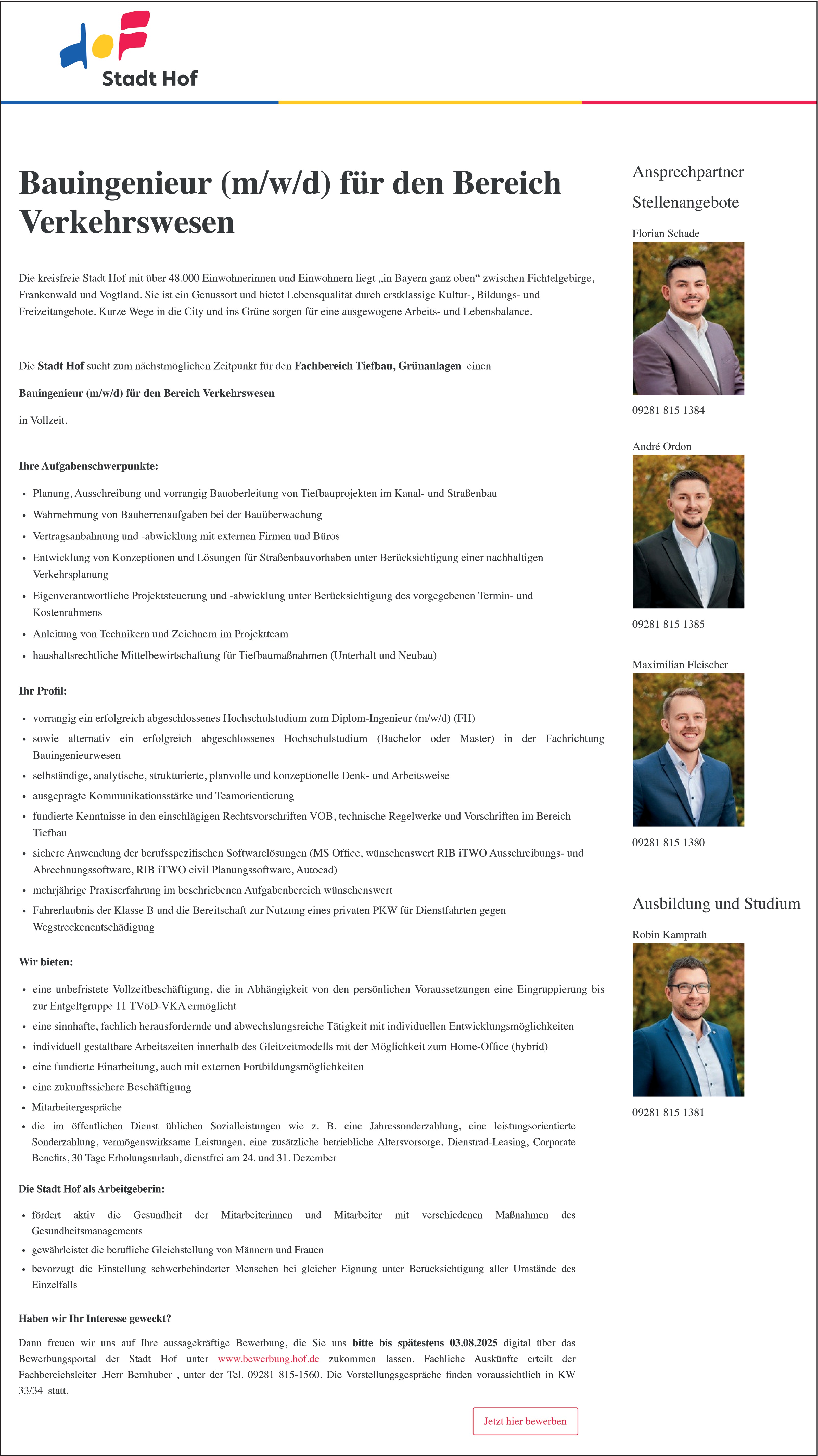Bauingenieur m/w/d Bereich Verkehrswesen