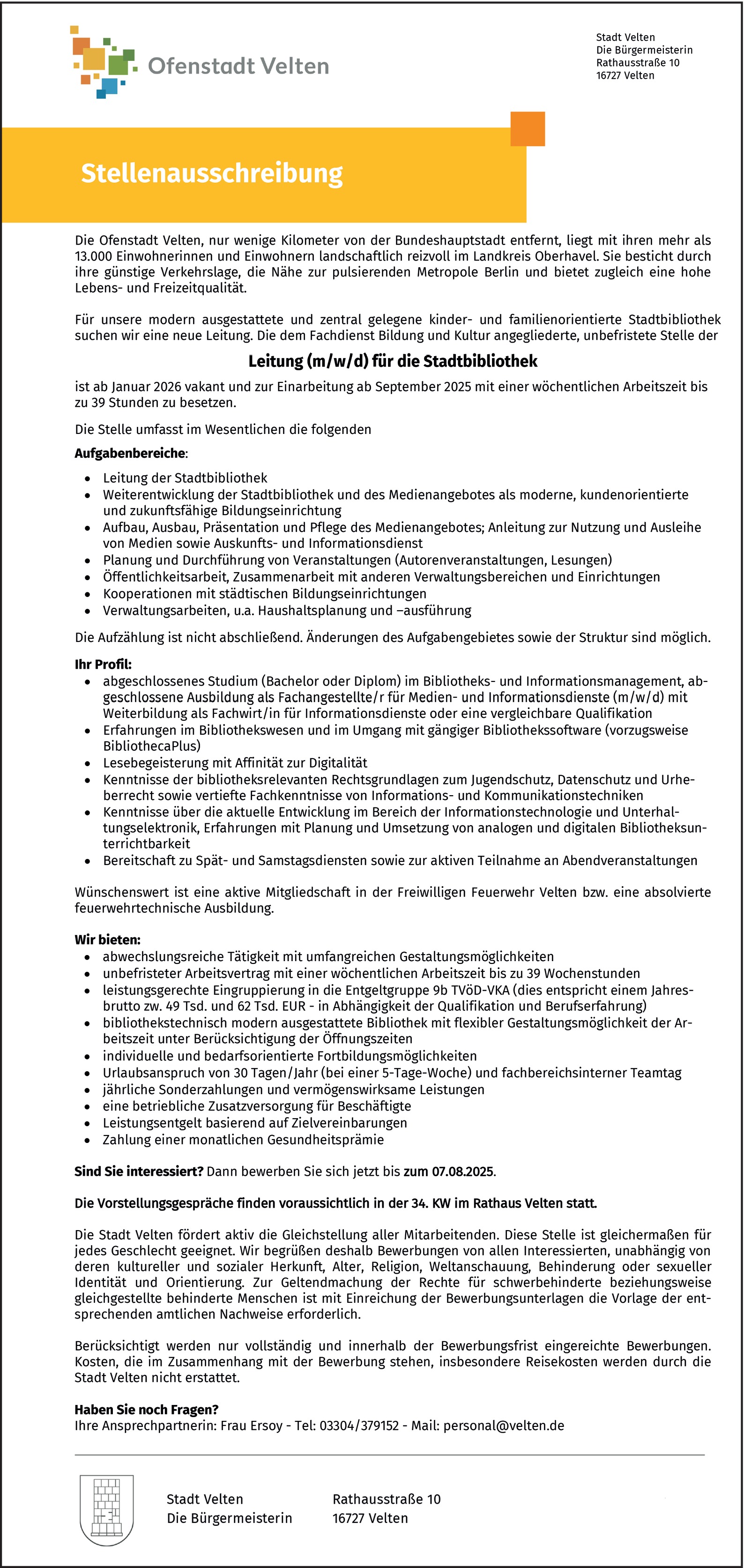 Leitung für die Stadtbibliothek (m/w/d)