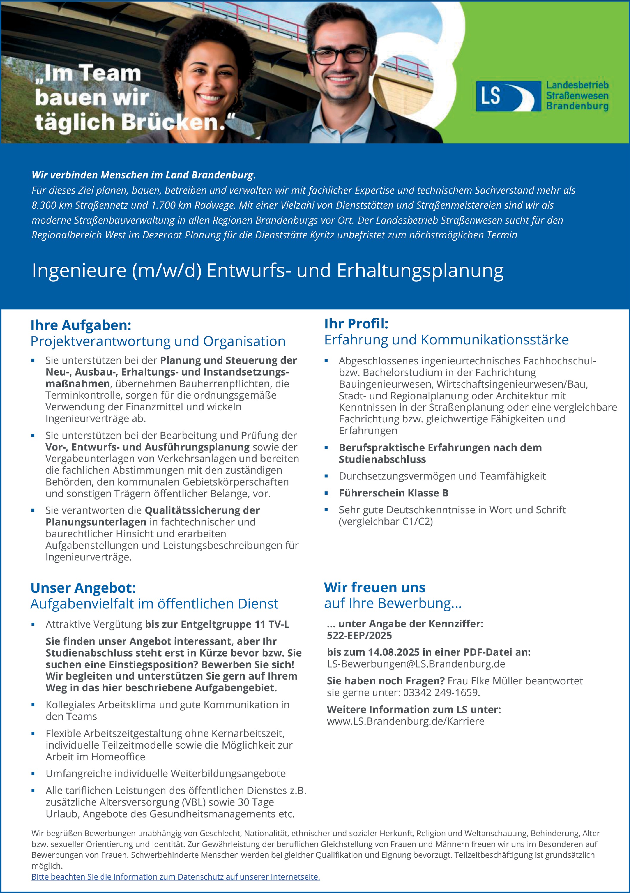 Ingenieure (m/w/d) Entwurfs- und Erhaltungsplanung