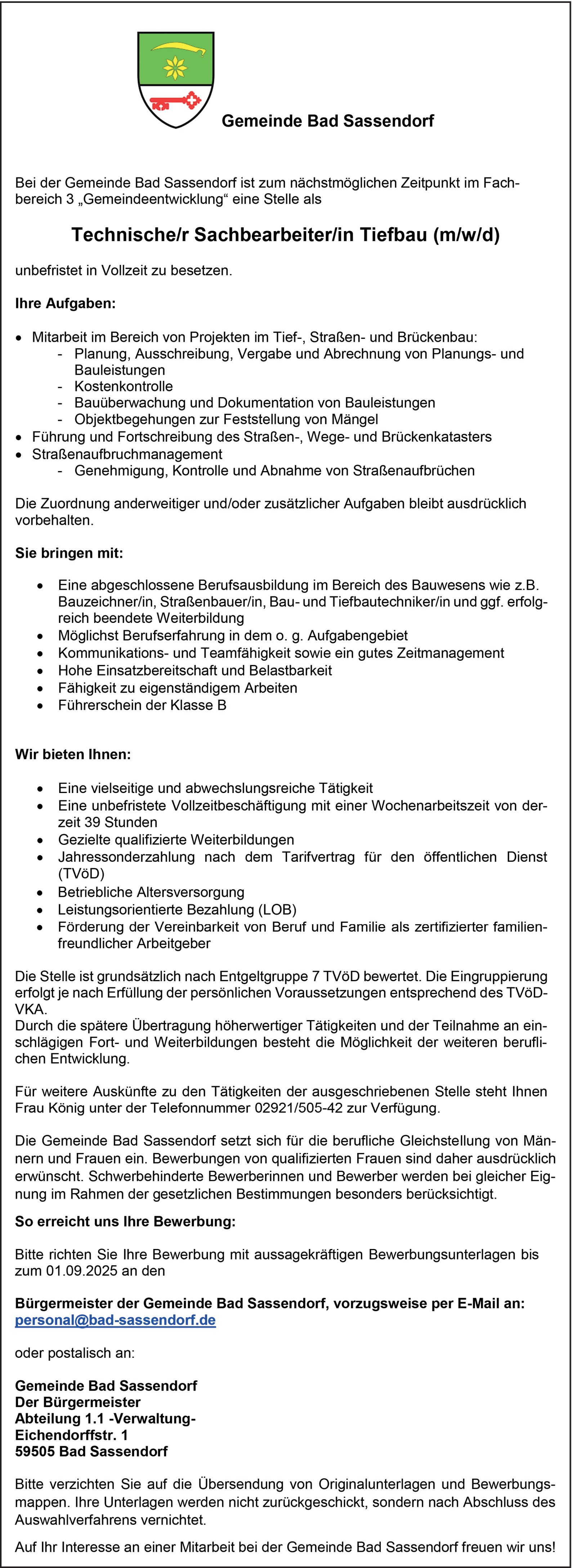 Technischer Sachbearbeiter Tiefbau (m/w/d)