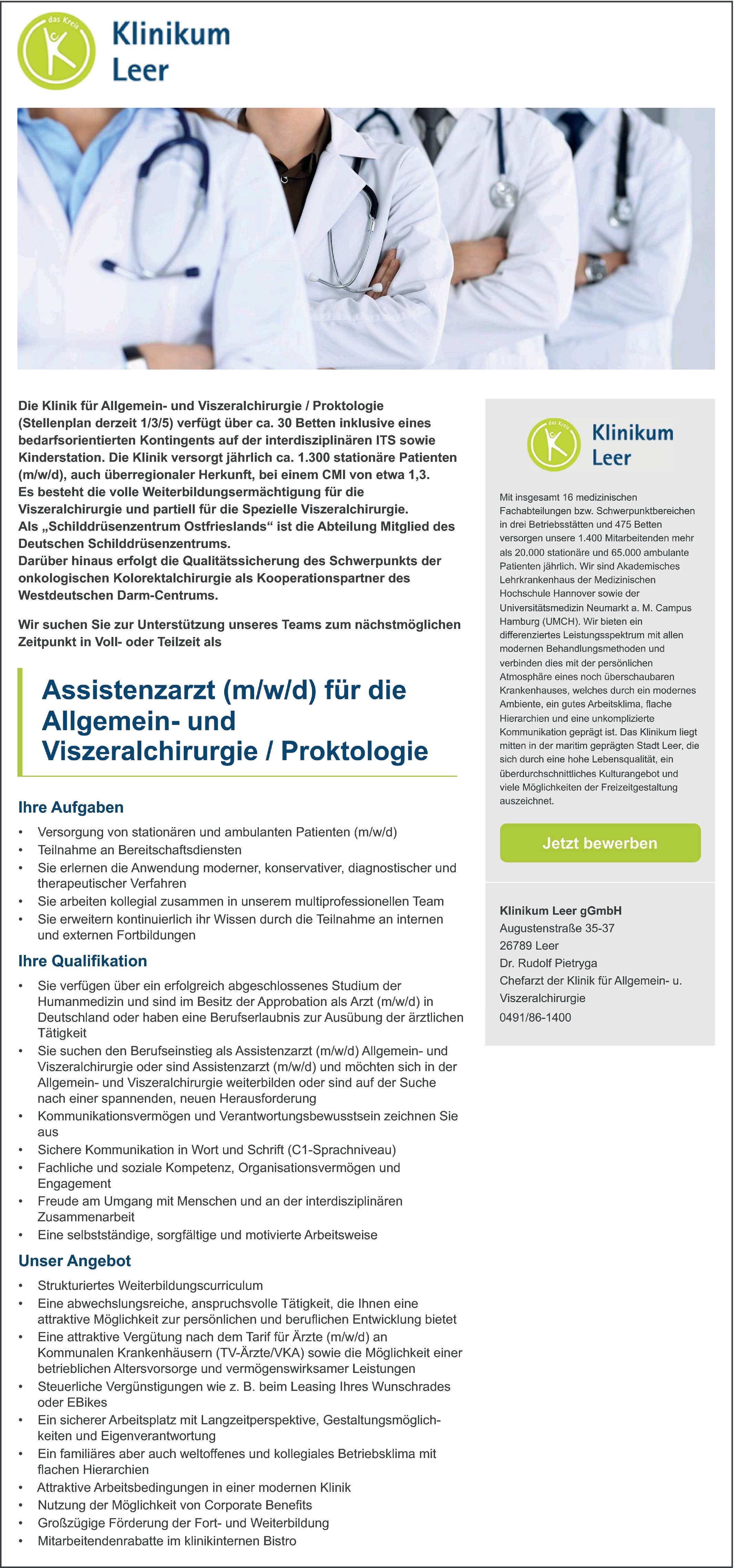 Assistenzarzt m/w/d  Allgemein- und Viszeralchirurgie / Protologie