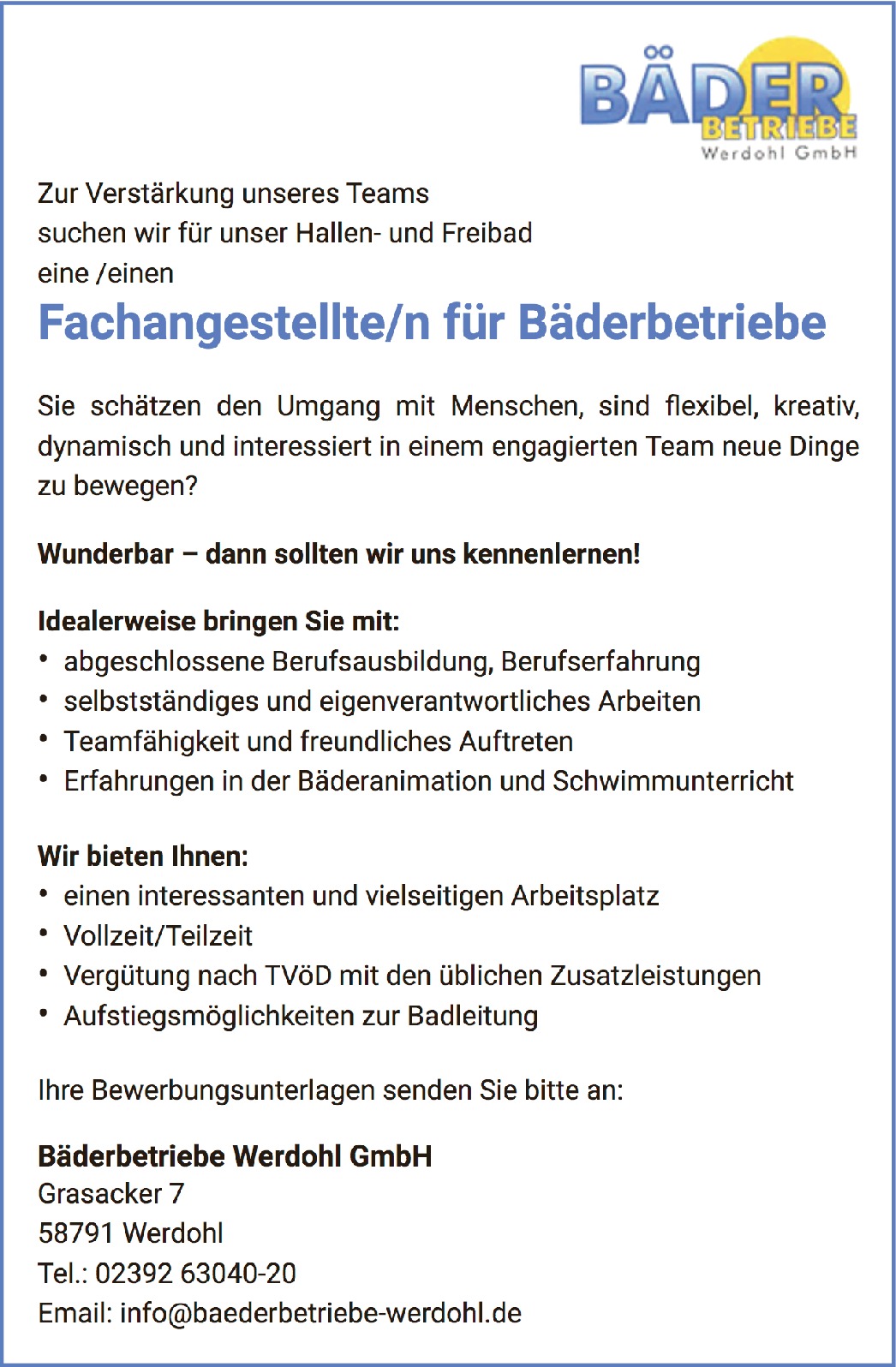 Fachangestellte/r für Bäderbetriebe m/w/d
