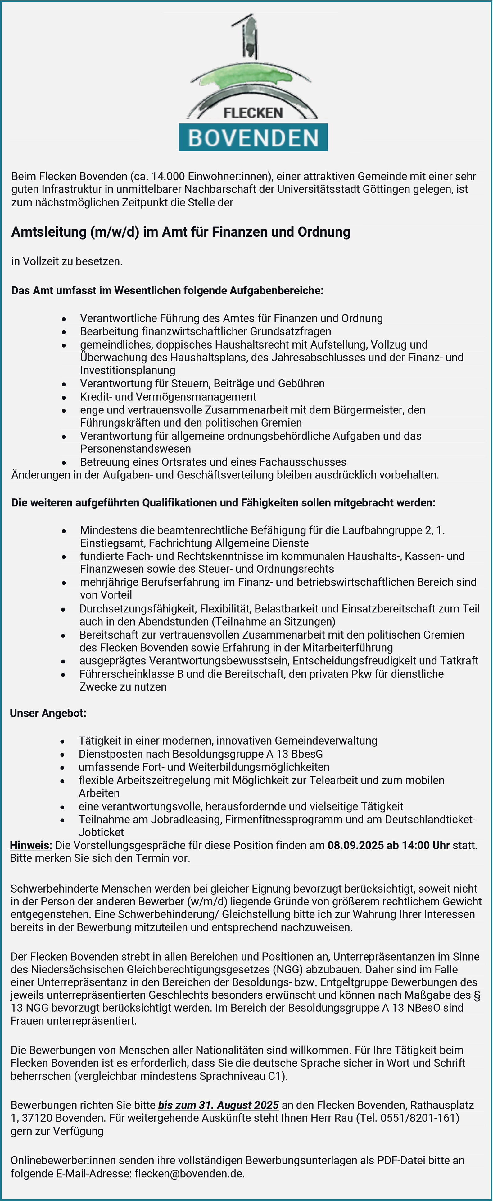 Amtsleitung m/w/d Amt für Finanzen und Ordnung