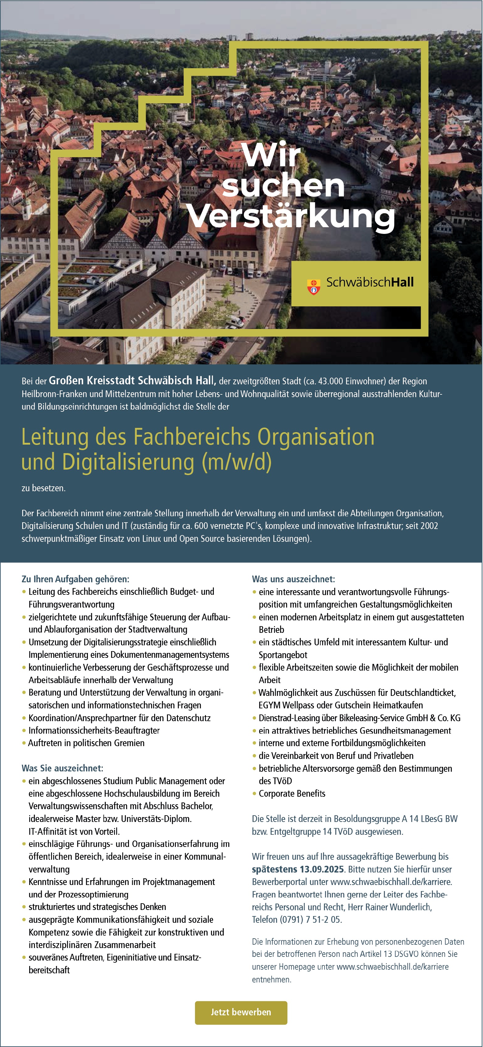 Fachbereichsleitung Organisation und Digitalisierung (m/w/d)