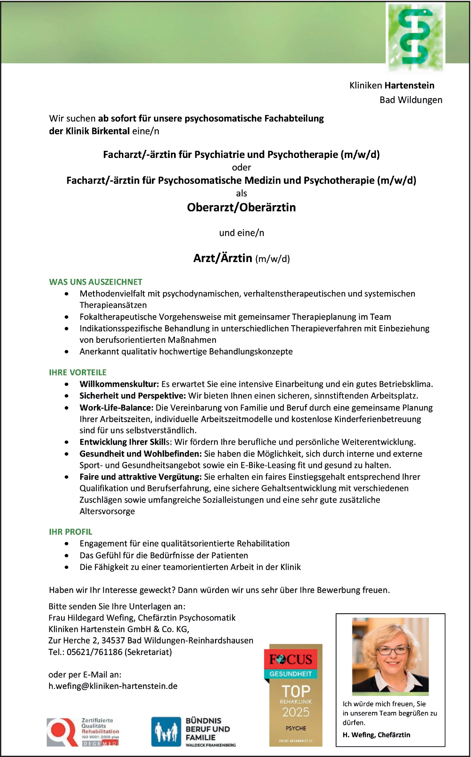 Oberarzt Psychosomatische Medizin und Psychotherapie (m/w/d)