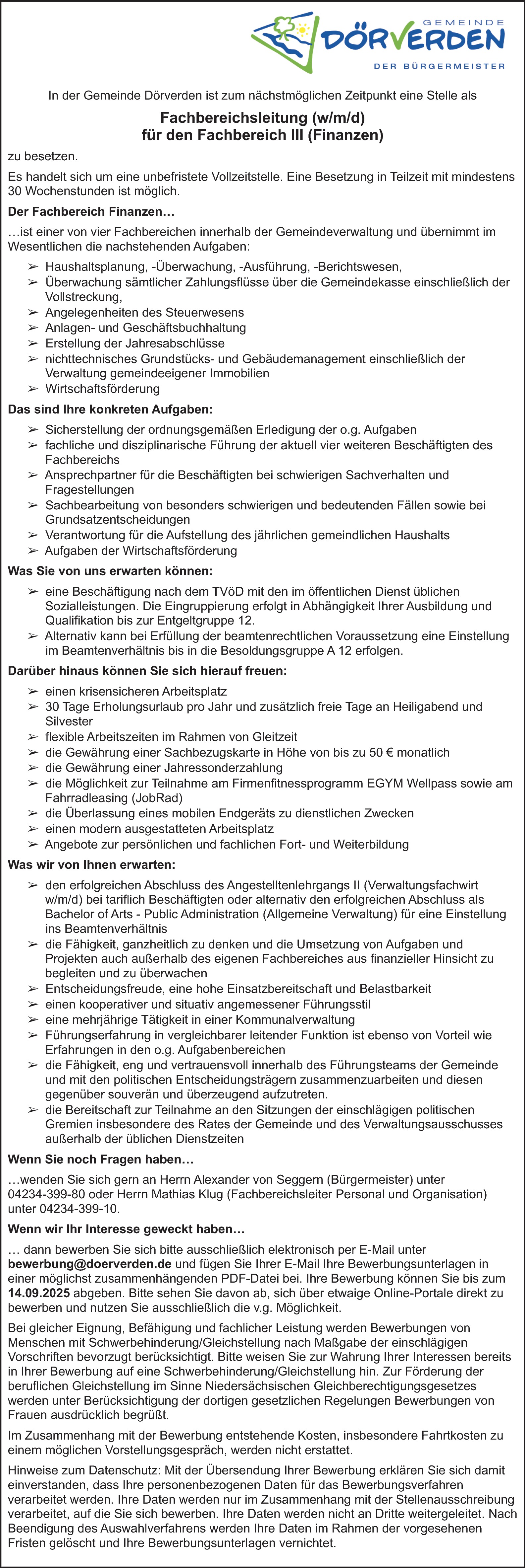 Leitung für den Fachbereich Finanzen (m/w/d)