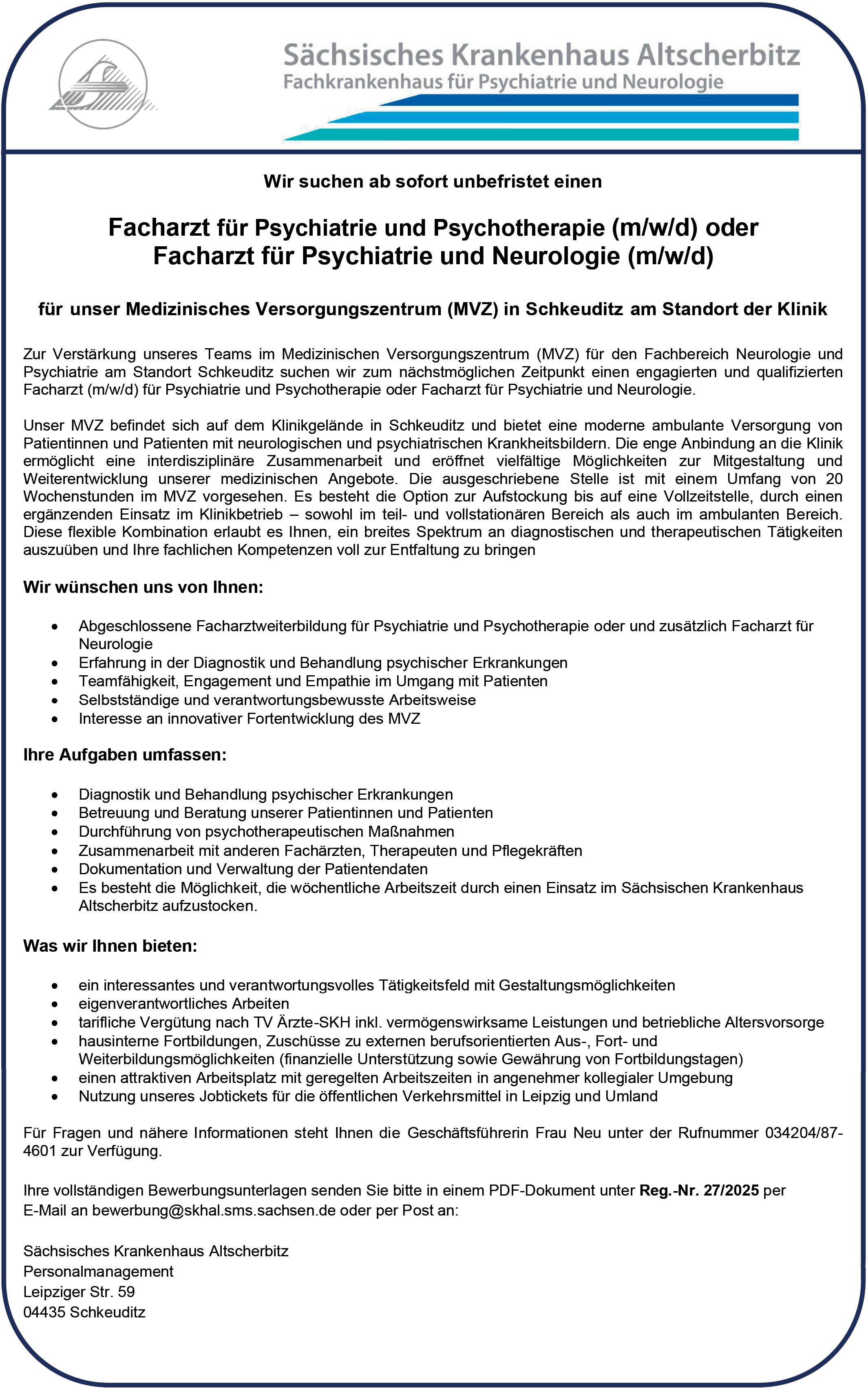 Facharzt Psychiatrie und Psychotherapie (m/w/d)