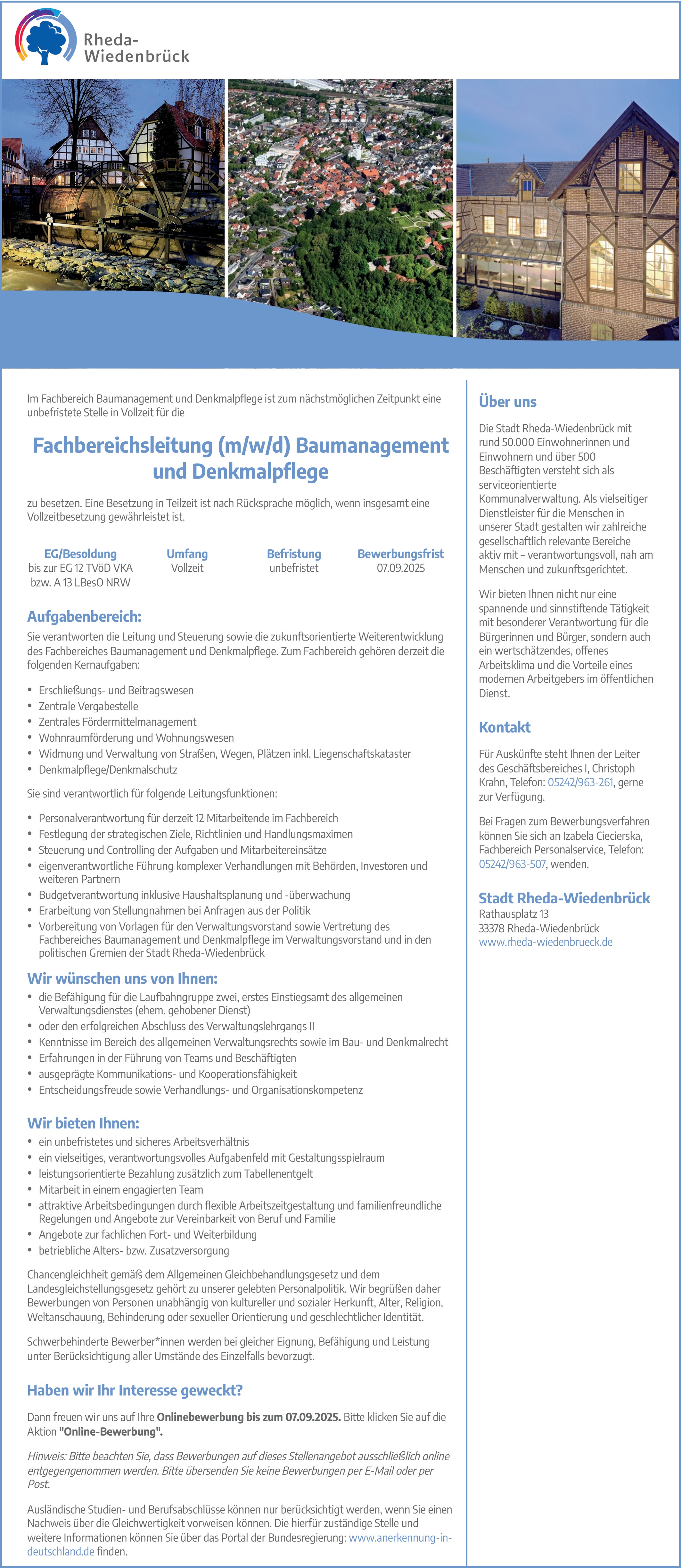 Fachbereichsleitung (m/w/d) Baumanagement und Denkmalpflege