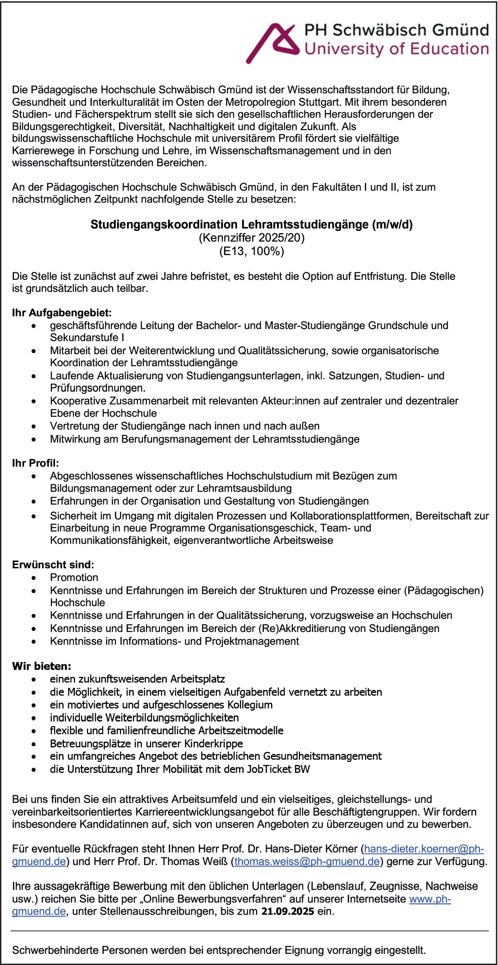 Studiengangskoordination Lehramtsstudiengänge (m/w/d)