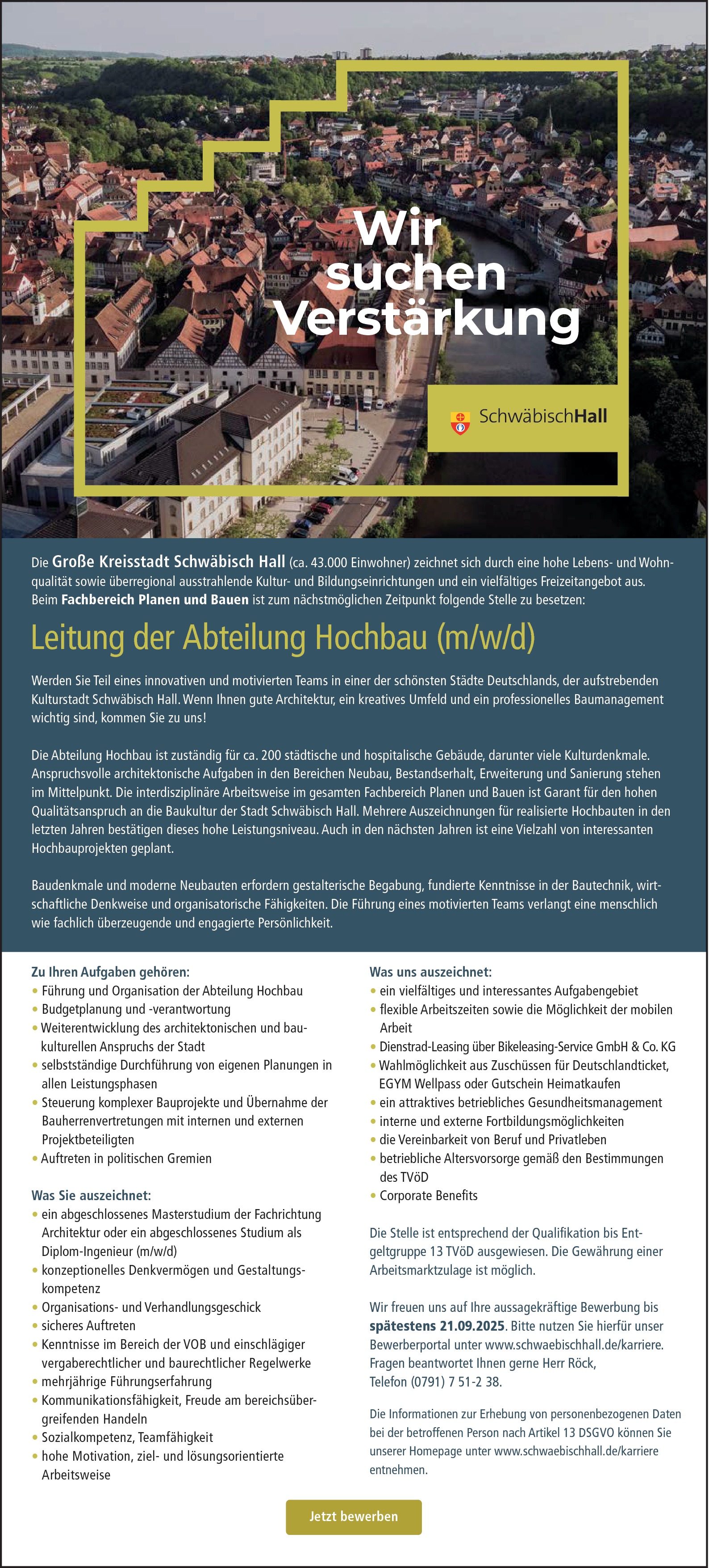 Ingenieur Architektur / Abteilungsleitung Hochbau (m/w/d)