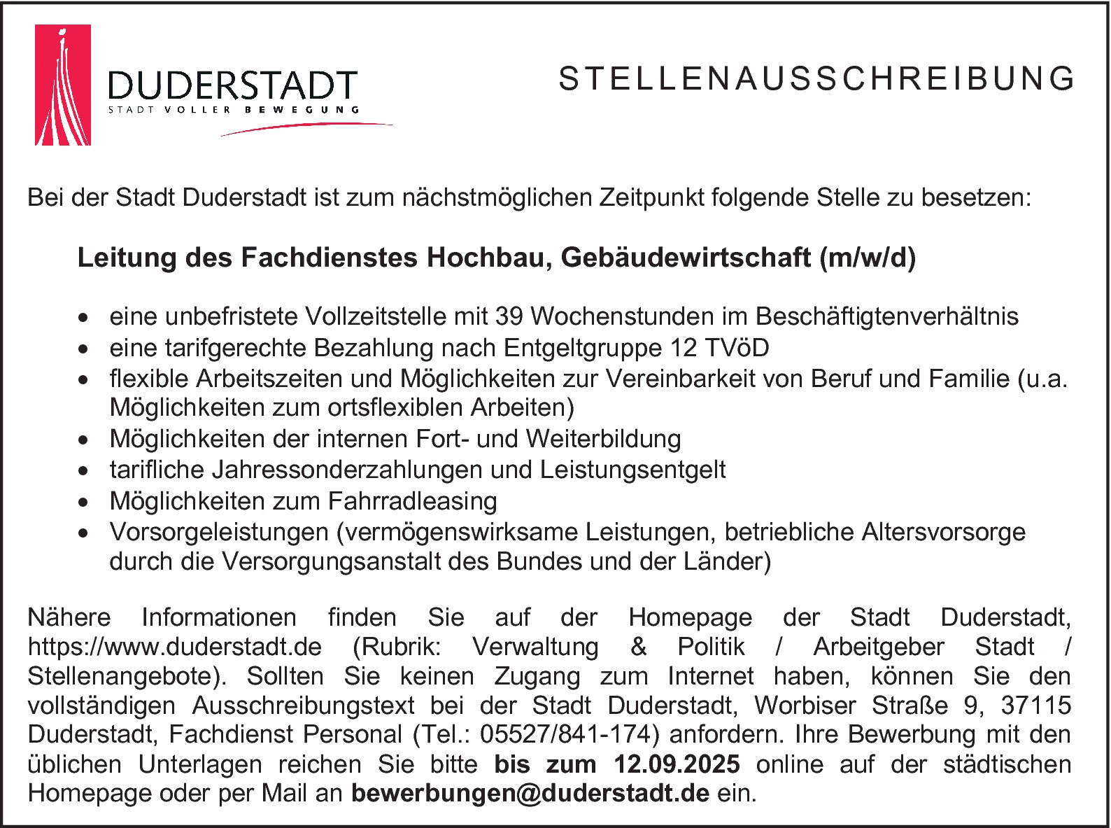 Leitung Fachdienst Hochbau, Gebäudewirtschaft