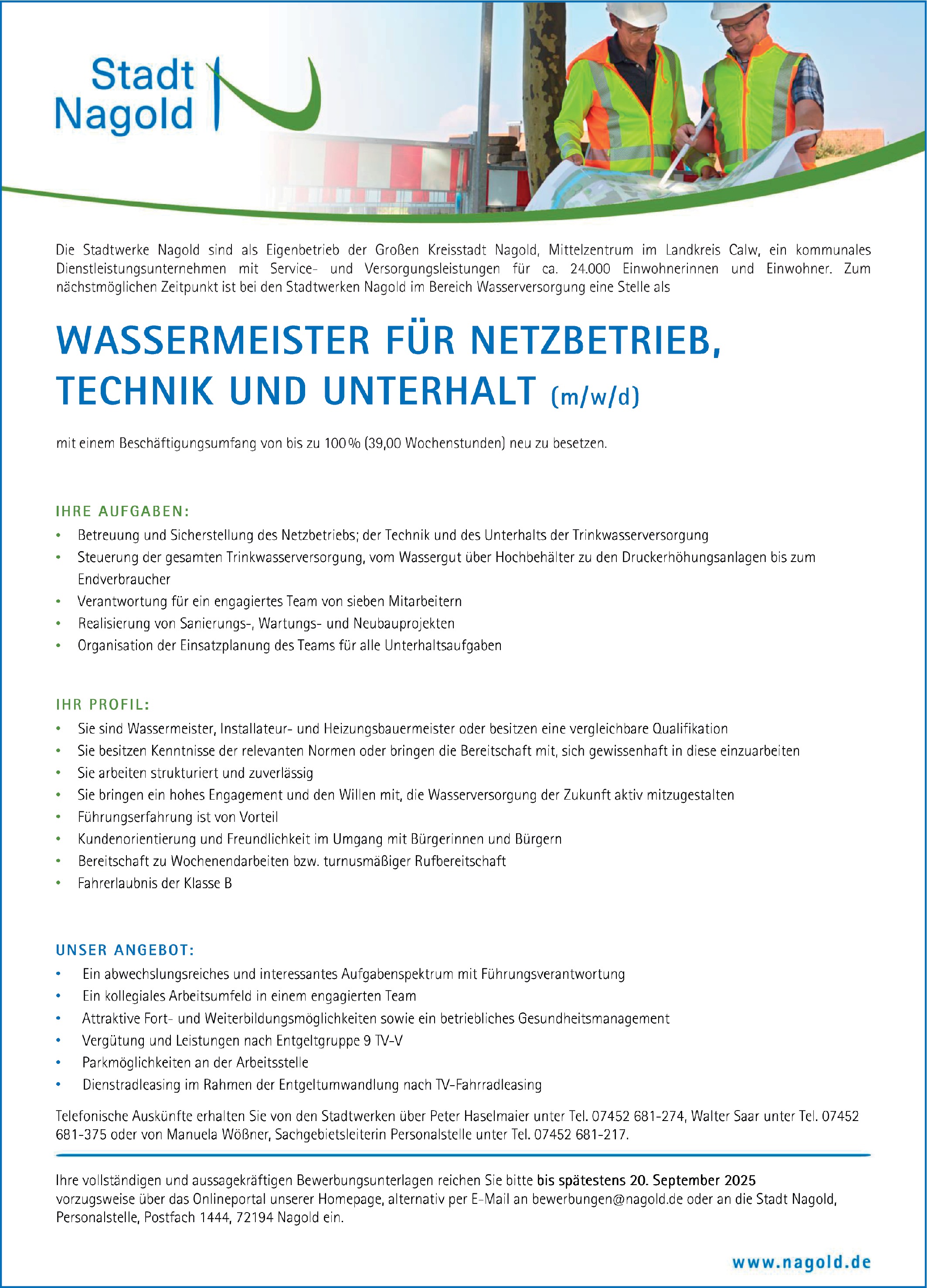 Wassermeister Netzbetrieb, Technik, Unterhalt (m/w/d)