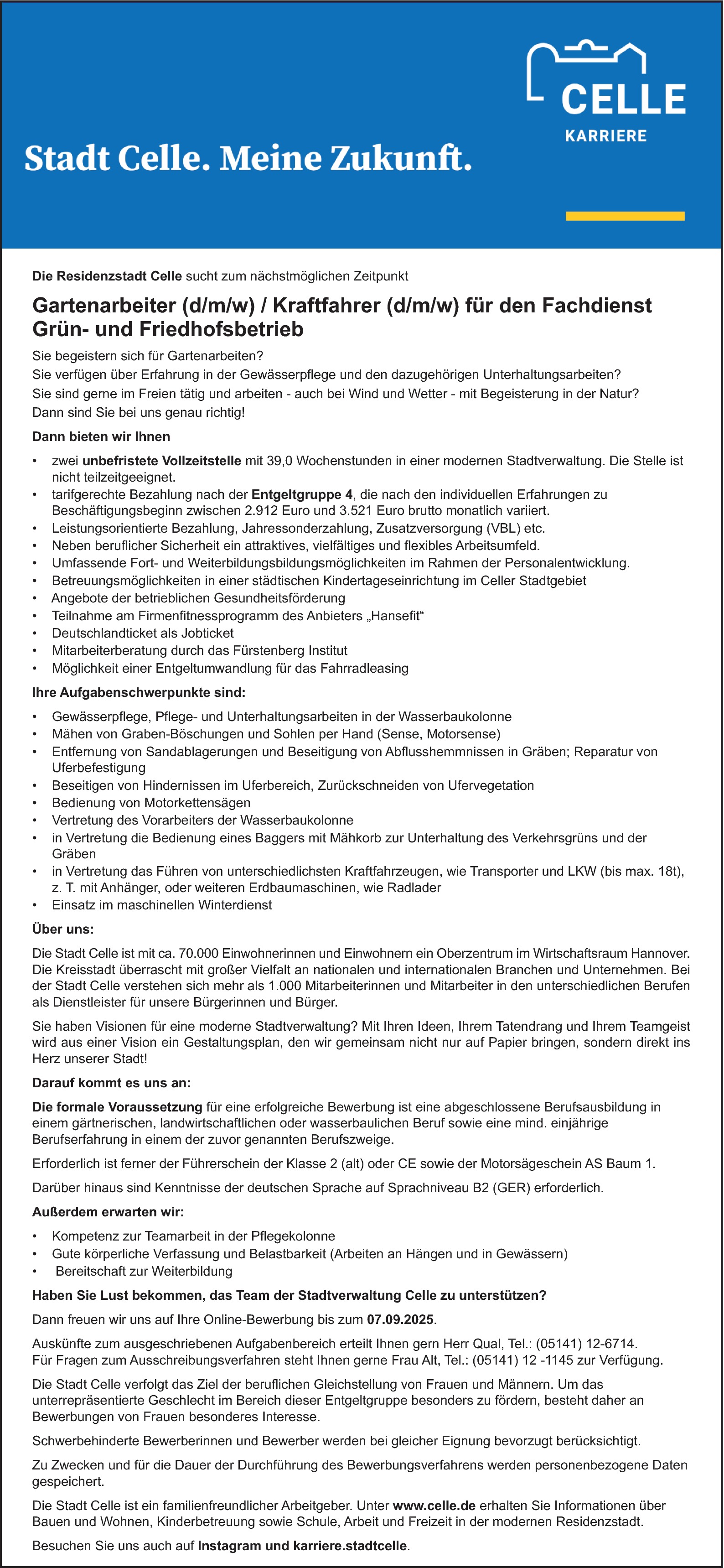 Gartenarbeiter (d/m/w) / Kraftfahrer (d/m/w) für den Fachdienst Grün- und Friedhofsbetrieb 