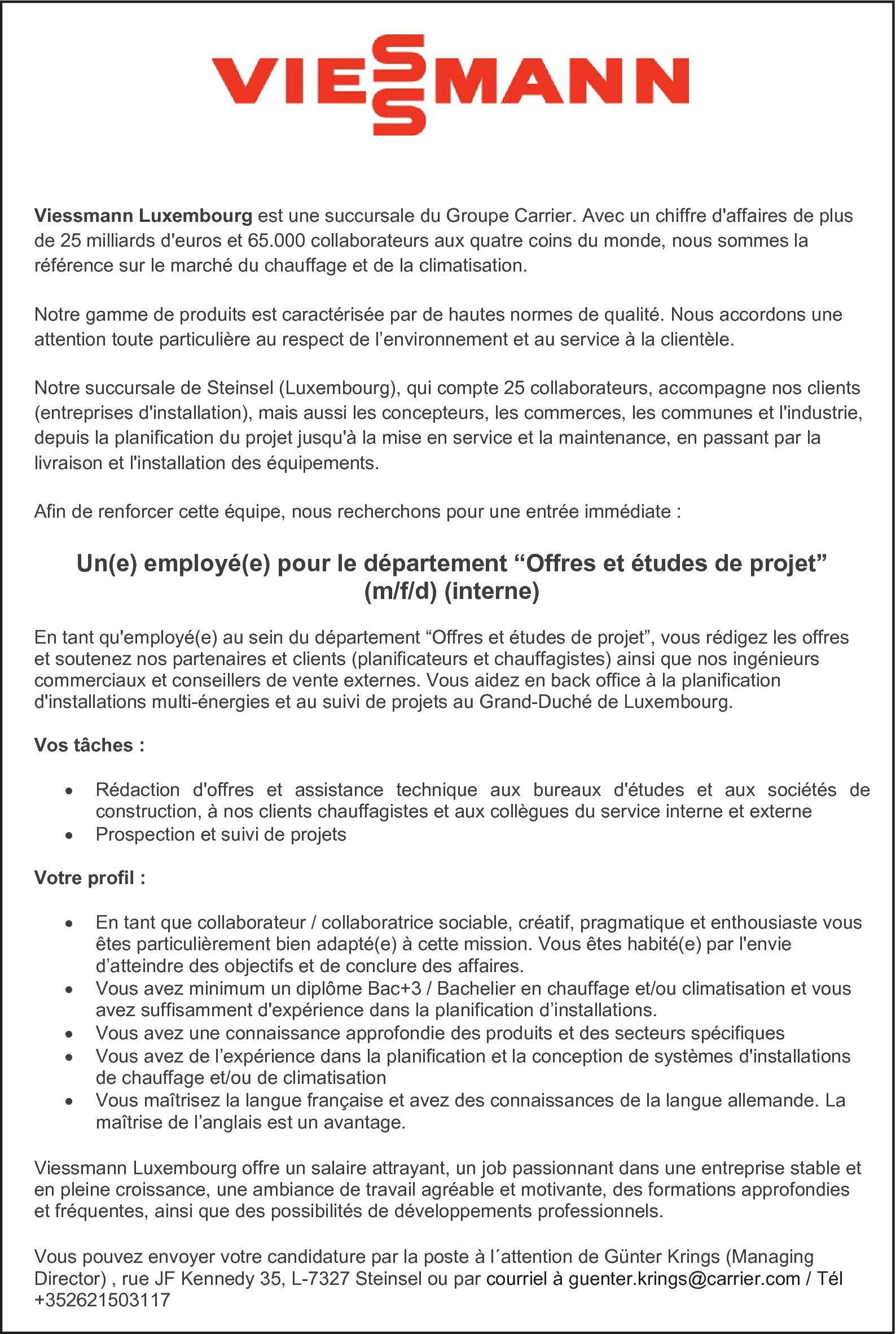 Employé pour le département Offres et études de projet m/f/d