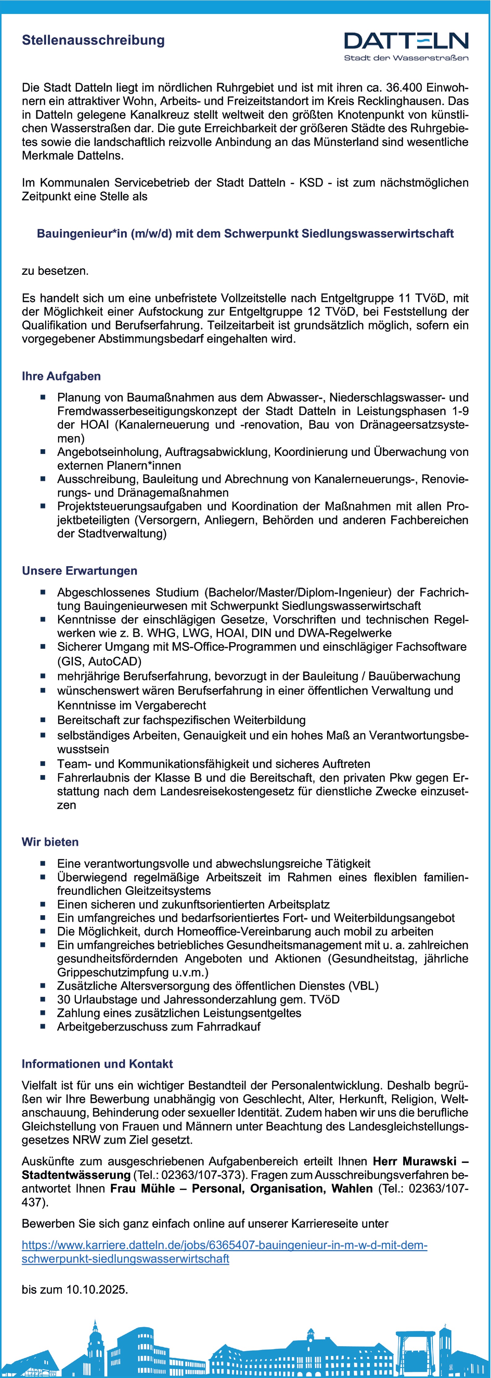 Bauingenieur*in (m/w/d) mit dem Schwerpunkt Siedlungswasserwirtschaft