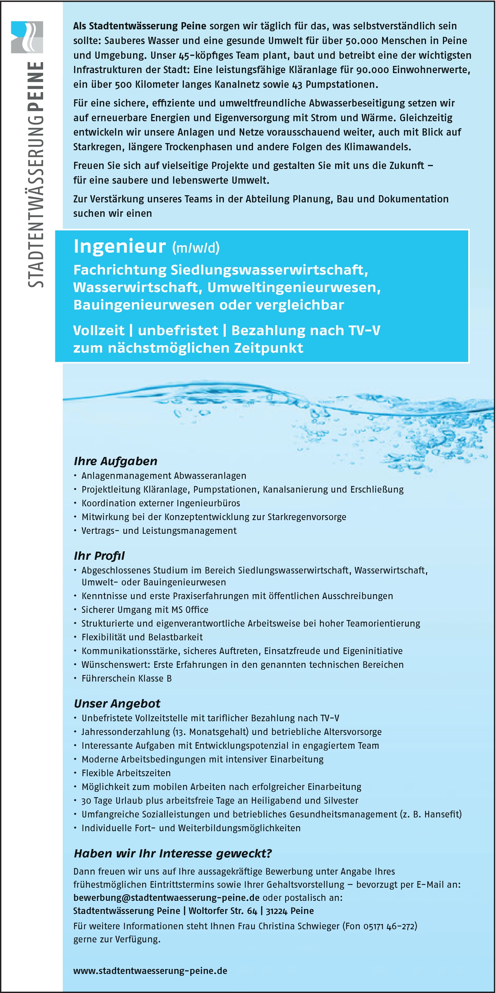 Ingenieur (m/w/d) Fachrichtung Siedlungswasserwirtschaft, Wasserwirtschaft, Umweltingenieurwesen, 