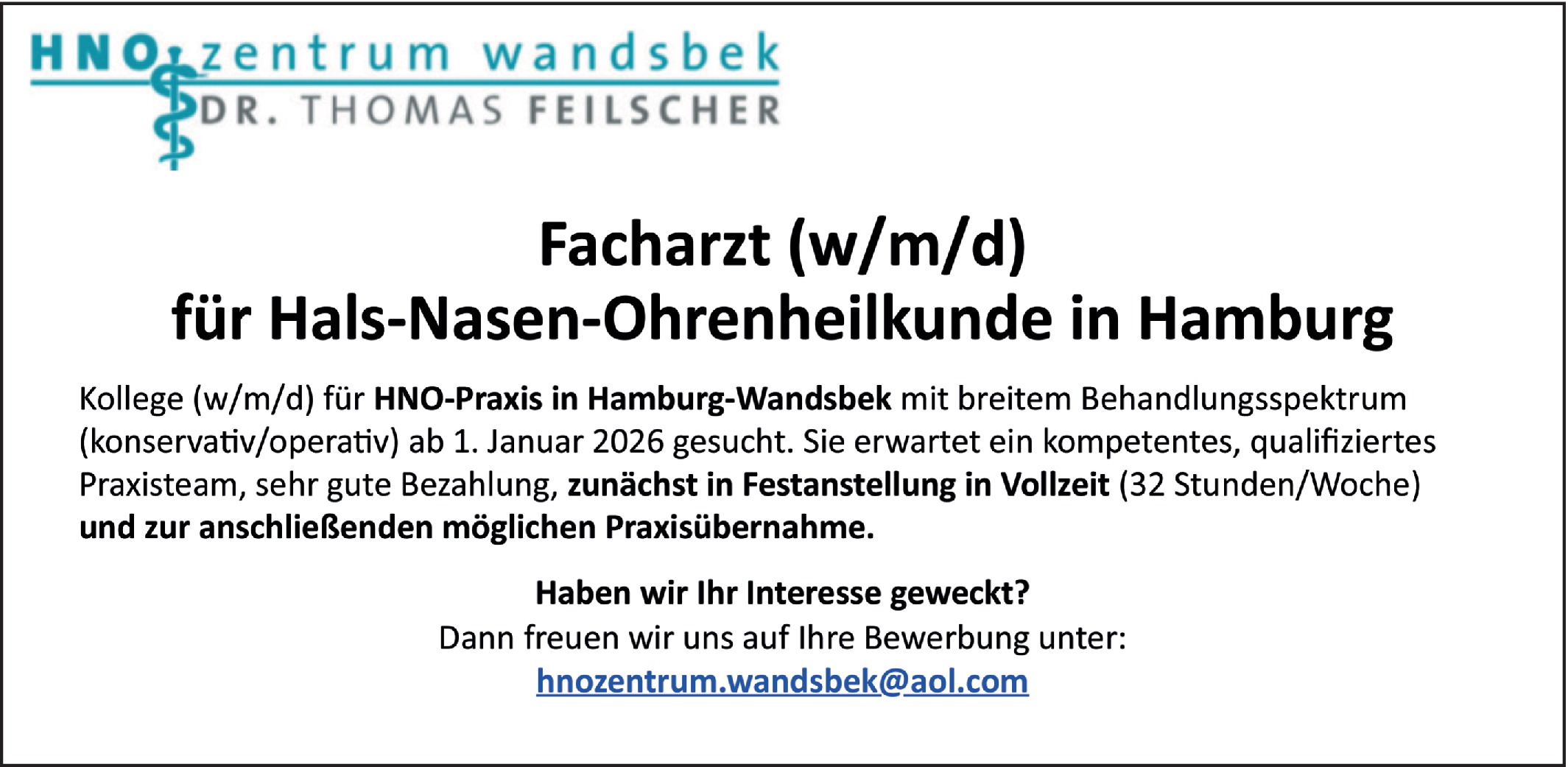 Facharzt für Hals-Nasen-Ohrenheilkunde m/w/d