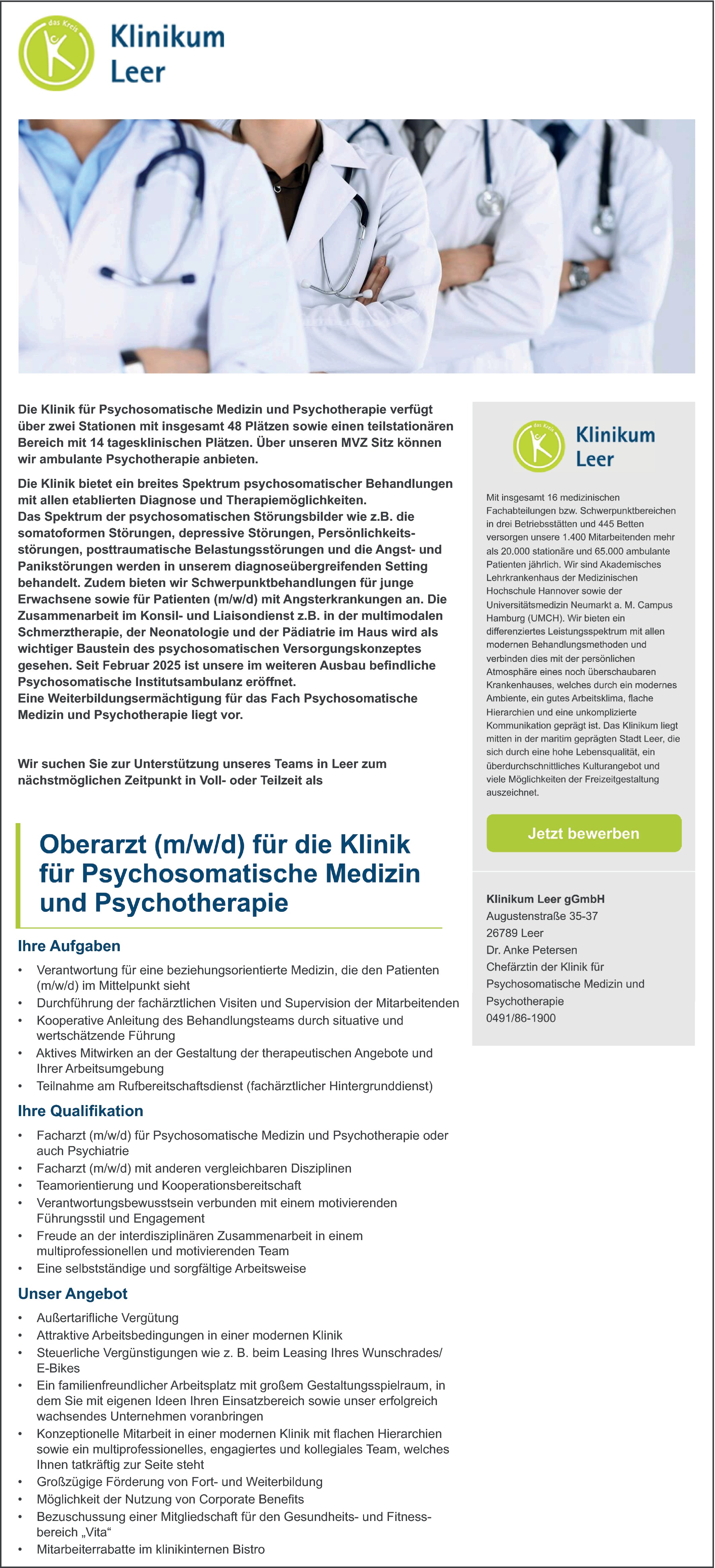 Oberarzt m/w/d für die Psychosomatische Medizin und Psychotherapie