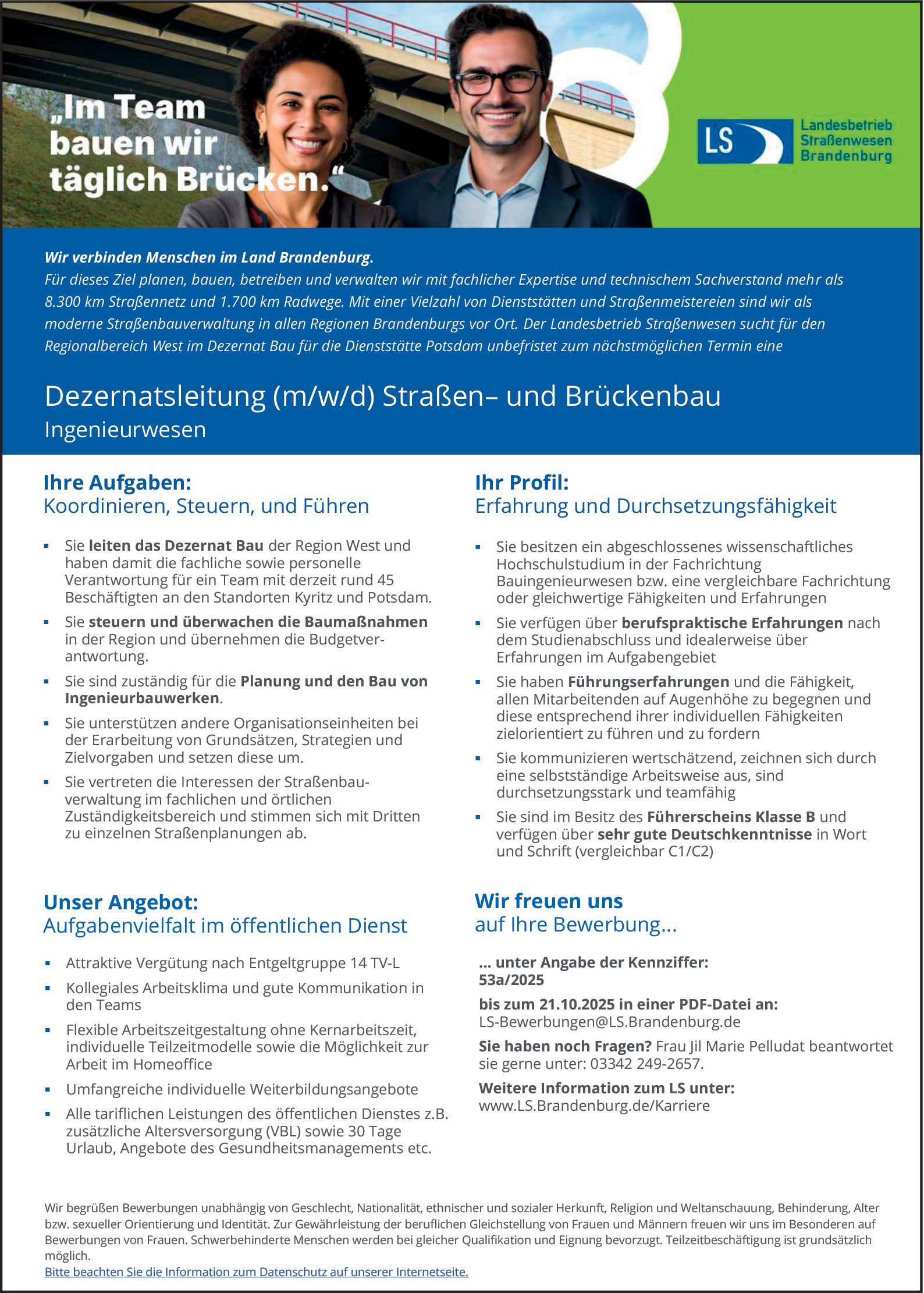  Dezernatsleitung (m/w/d) Straßen– und Brückenbau