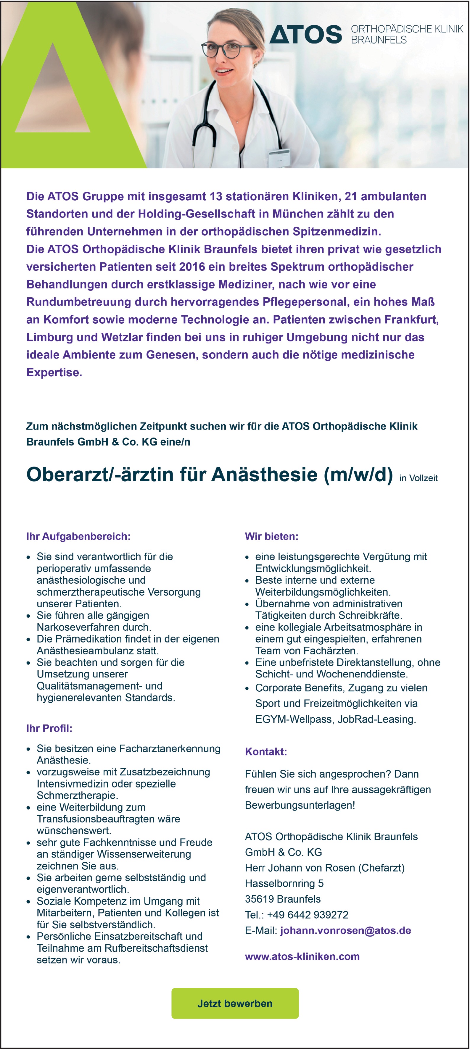 Oberarzt für Anästhesie m/w/d 