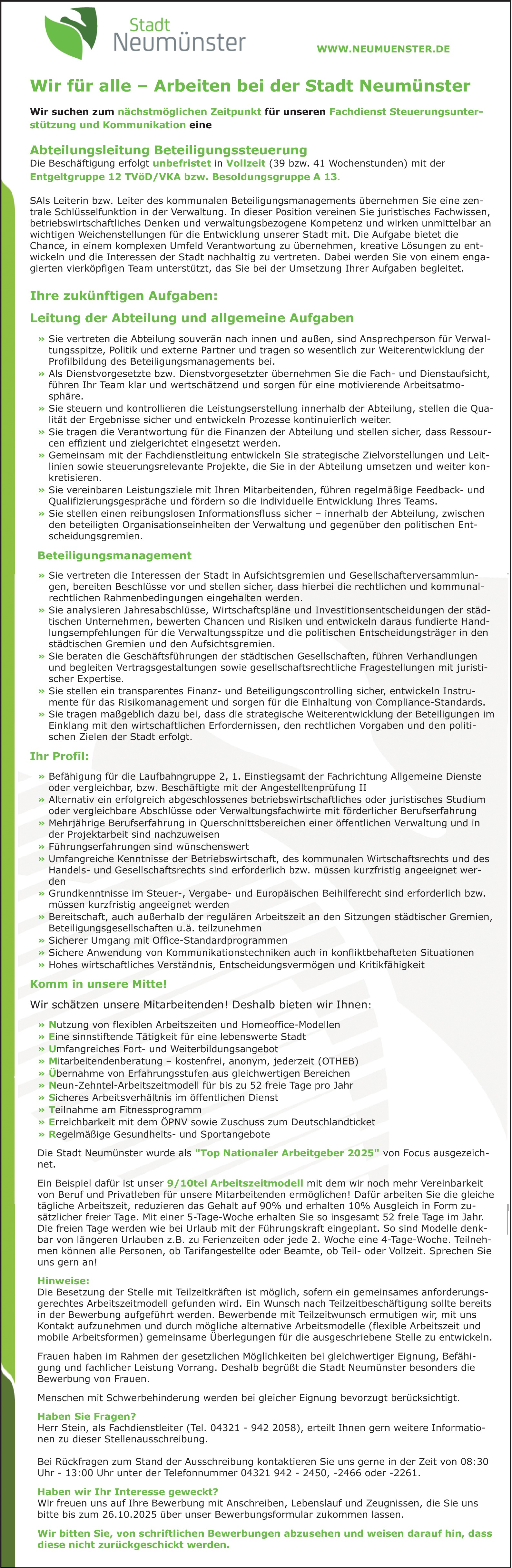 Abteilungsleitung Beteiligungssteuerung m/w/d