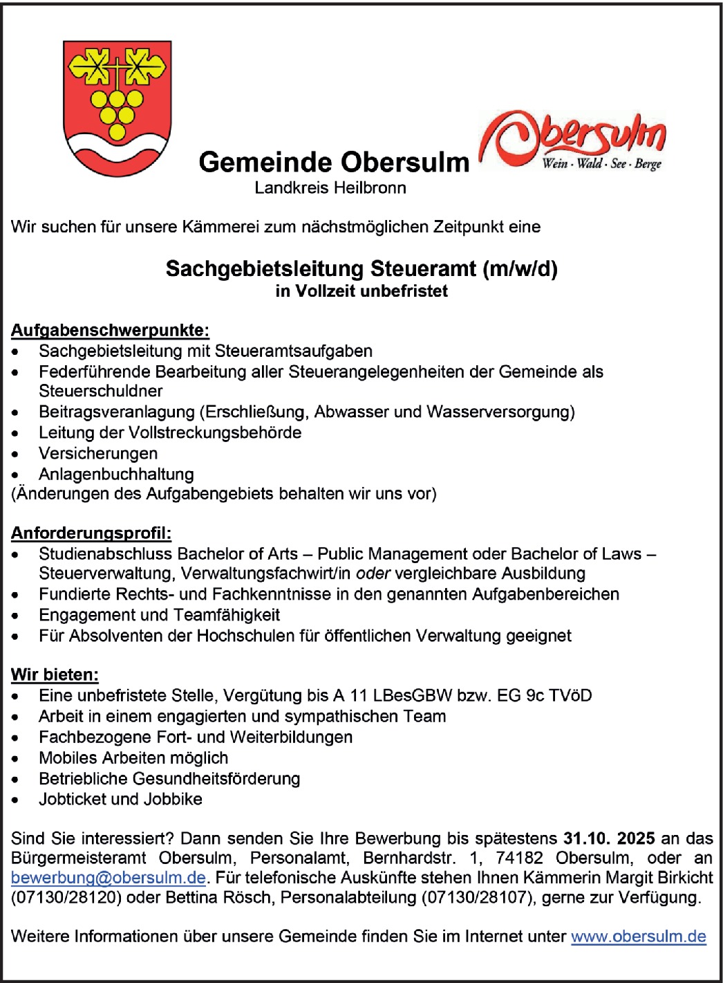Sachgebietsleitung Steueramt (m/w/d)
