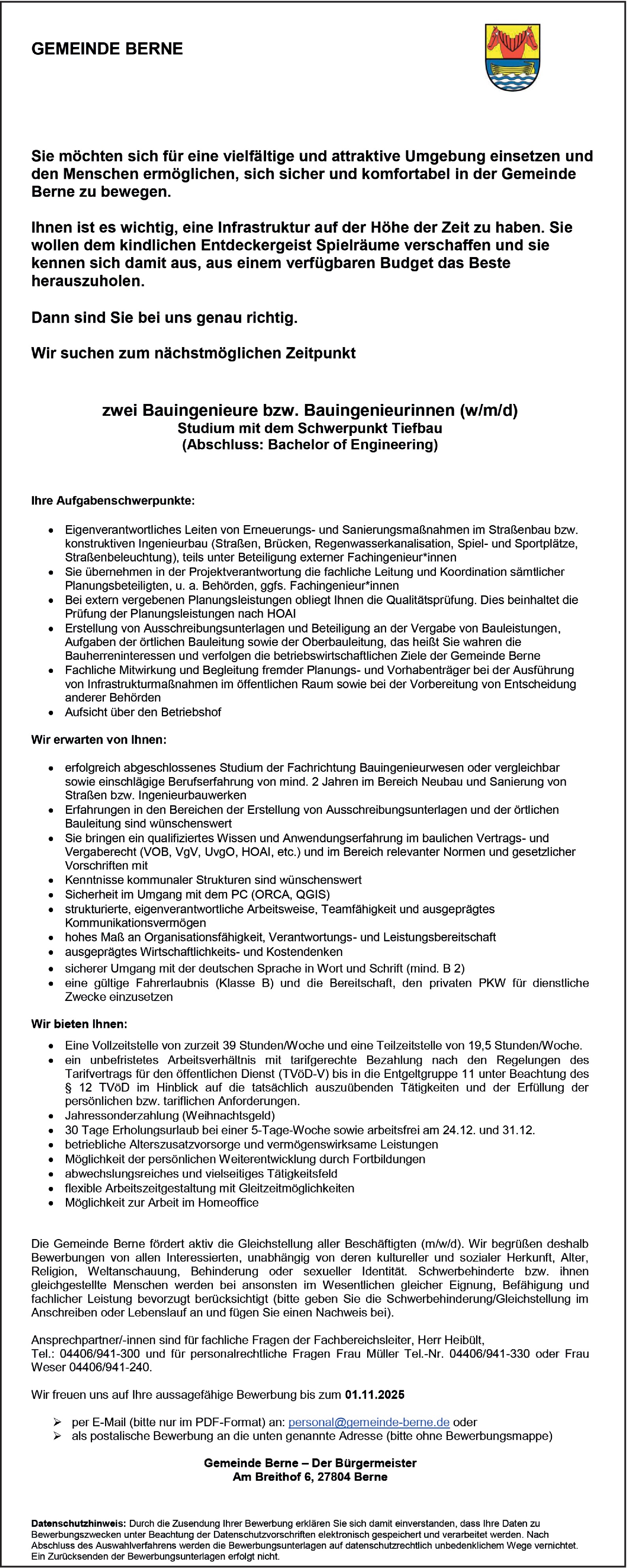 Bauingenieur m/w/d öffentlicher Dienst