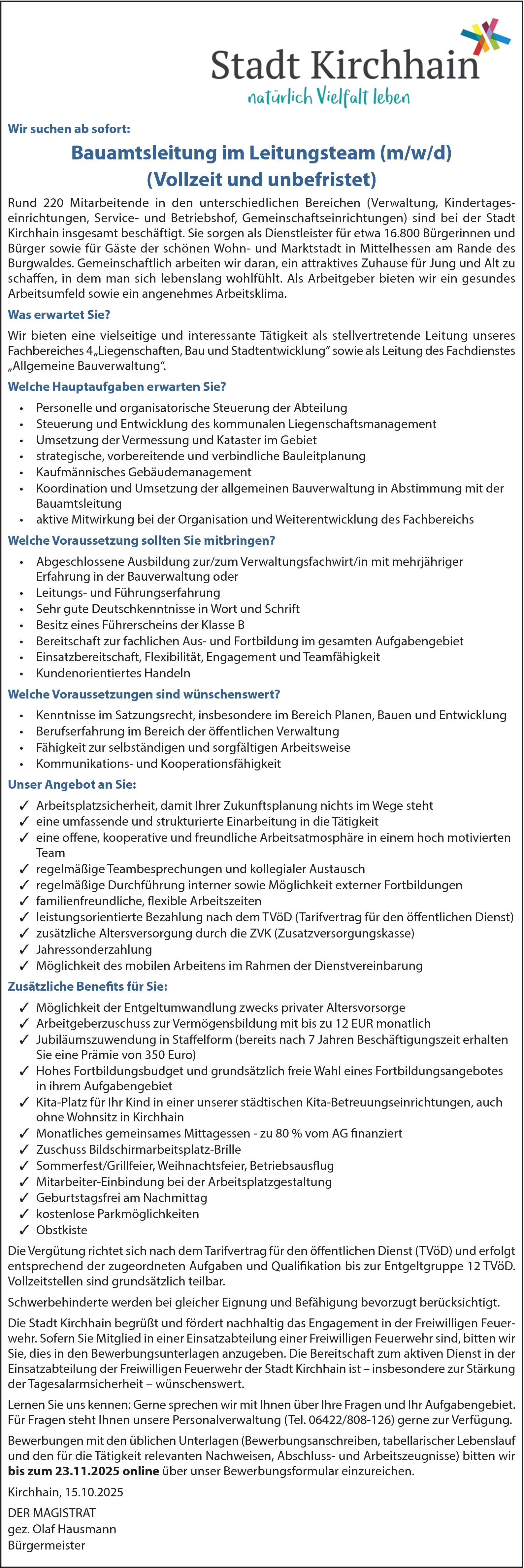 Verwaltungsfachwirt als Bauamtsleitung (m/w/d)