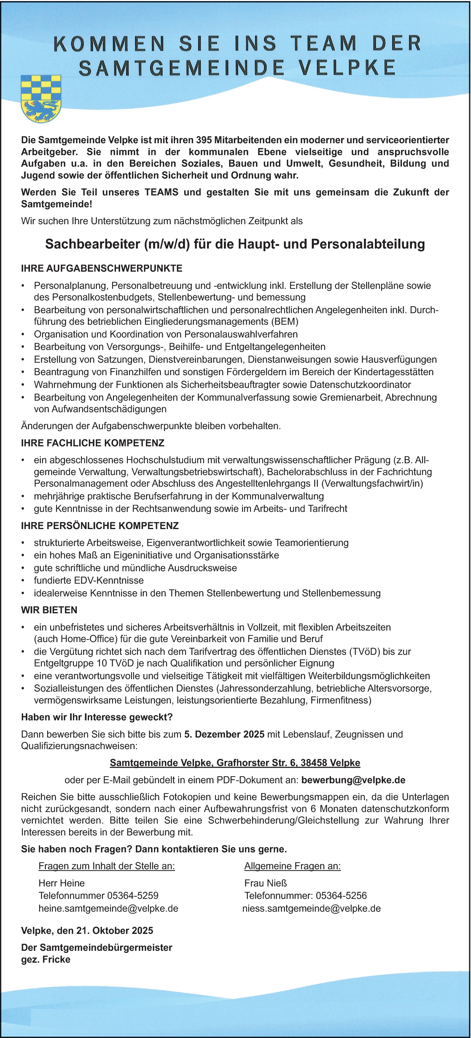 Verwaltungsfachwirt / Sachbearbeiter Haupt- und Personalabteilung (m/w/d)