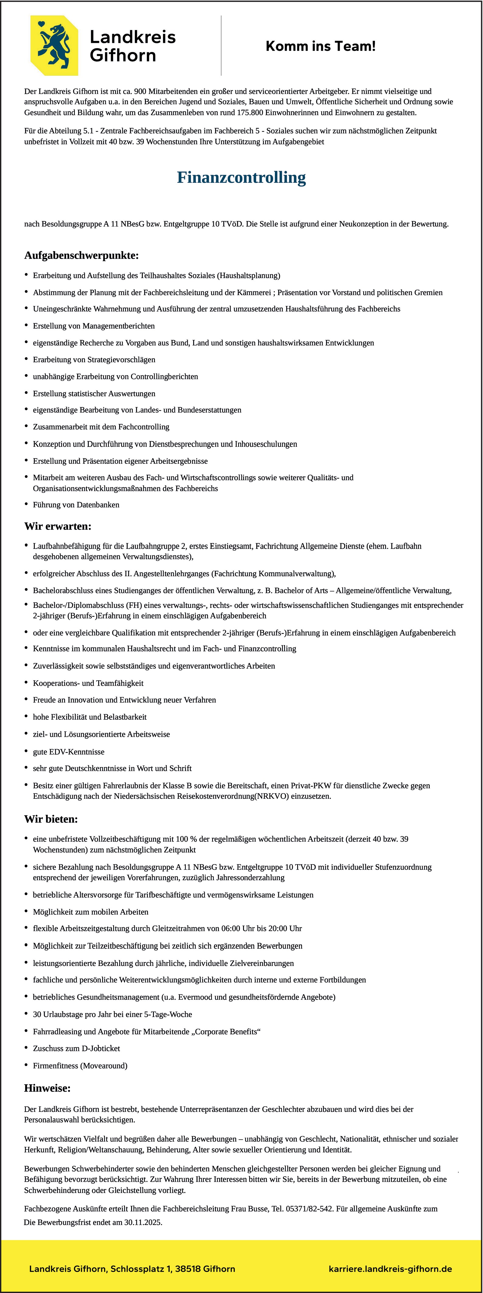 Controller m/w/d Kommunalverwaltung	
