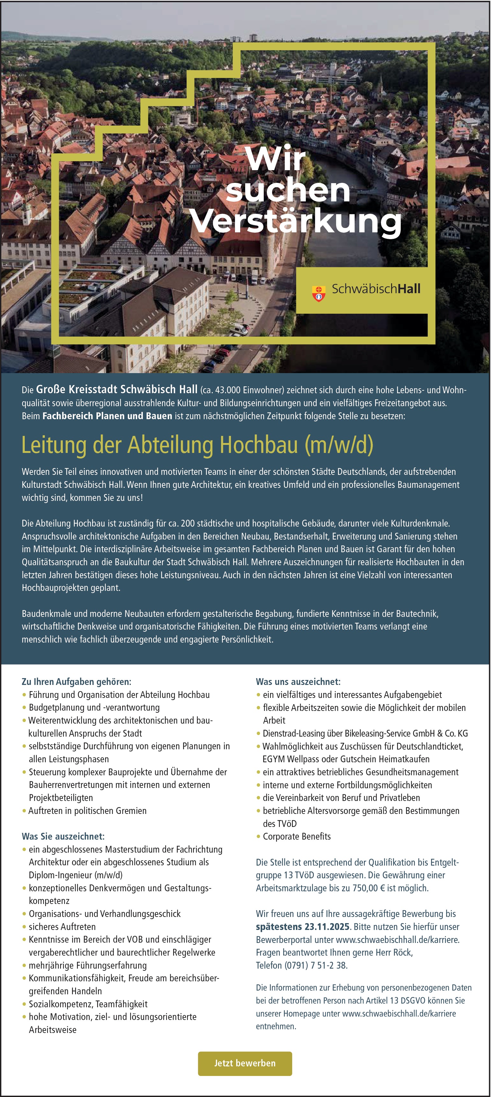 Ingenieur Architektur als Abteilungsleitung Hochbau (m/w/d)